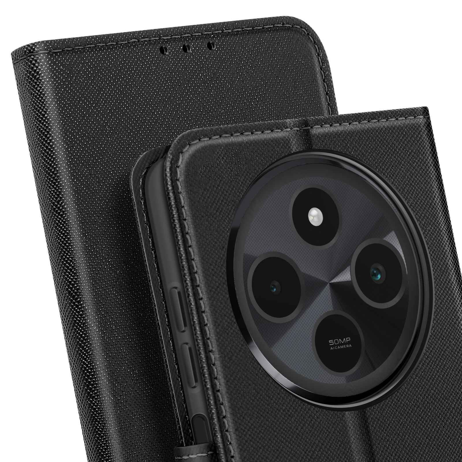 Custodia per telefono nera chiusa. L'obiettivo della fotocamera è visibile. Sfondo nero.