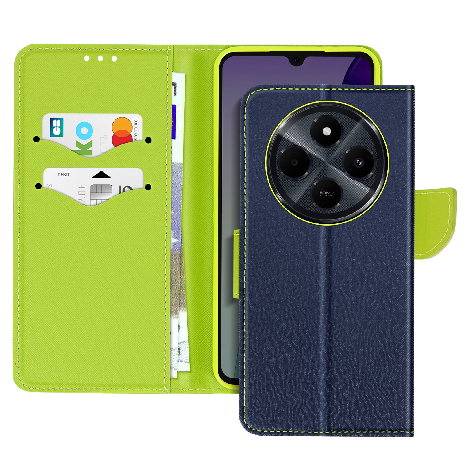 Custodia per telefono blu e verde, con carte e un telefono all'interno. Uno sfondo bianco.