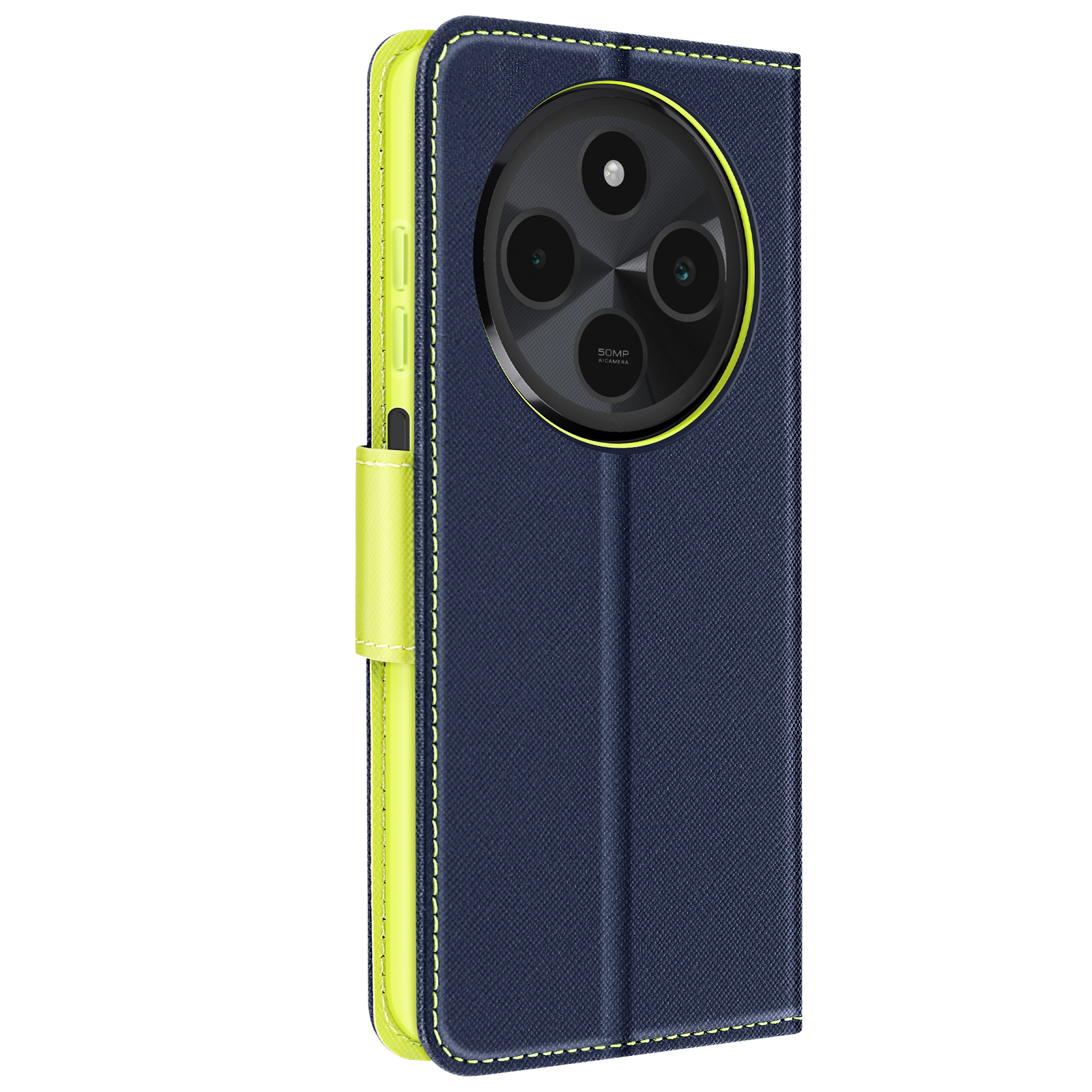 Custodia blu con bordi giallo neon. Presenta tre obiettivi della fotocamera e un cinturino giallo.