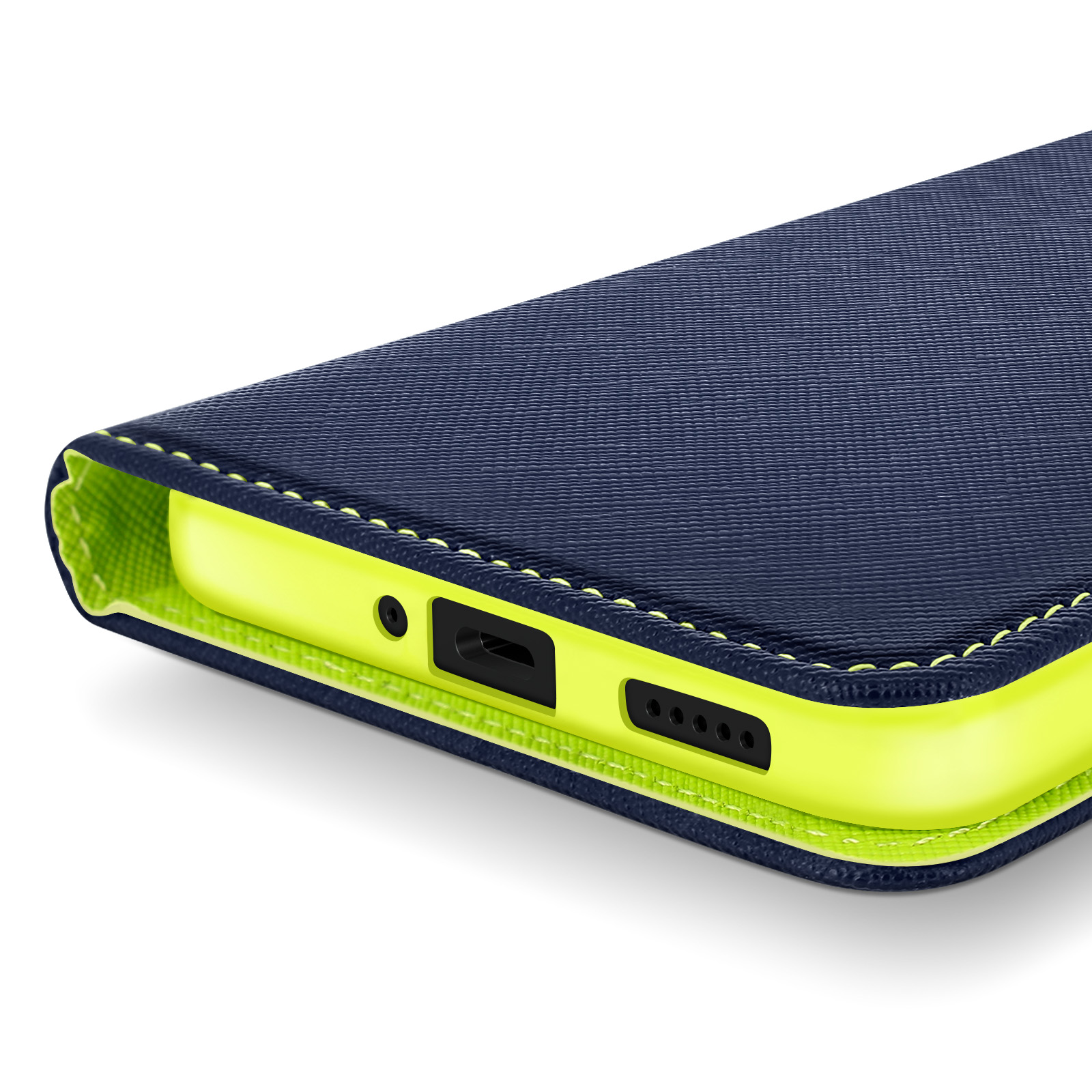 Una custodia blu navy con interno giallo brillante. La custodia è aperta.