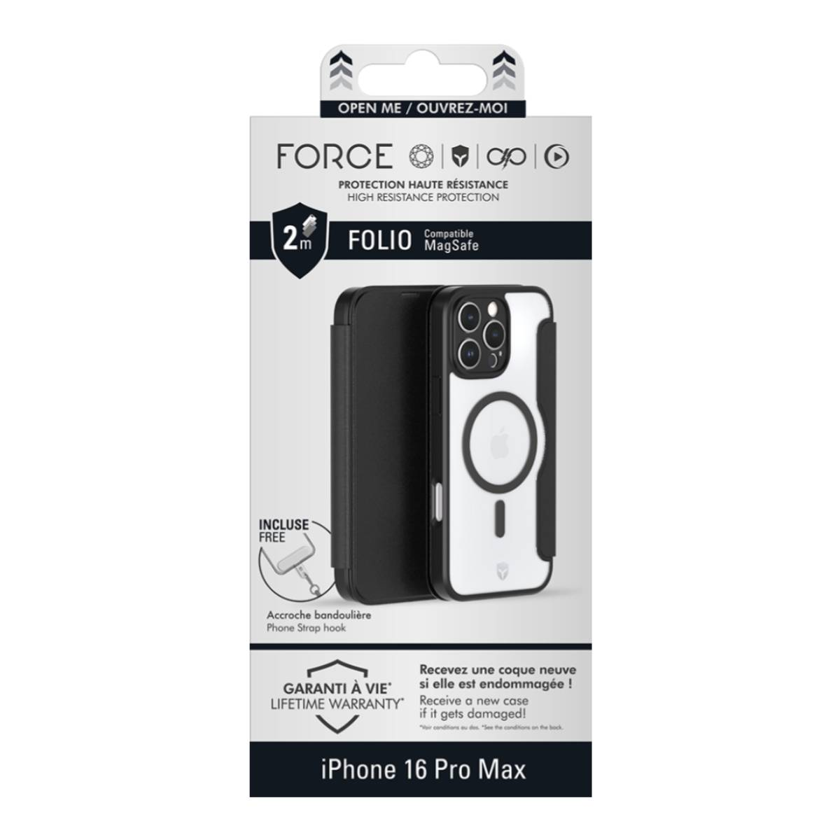 Confezione custodia per telefono. Include una custodia per iPhone 16 Pro Max, con gancio per cinturino del telefono.