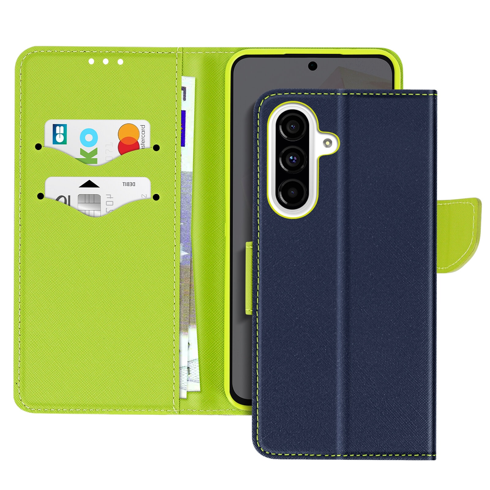 Custodia per telefono blu e verde aperta, con carte e telefono all'interno.