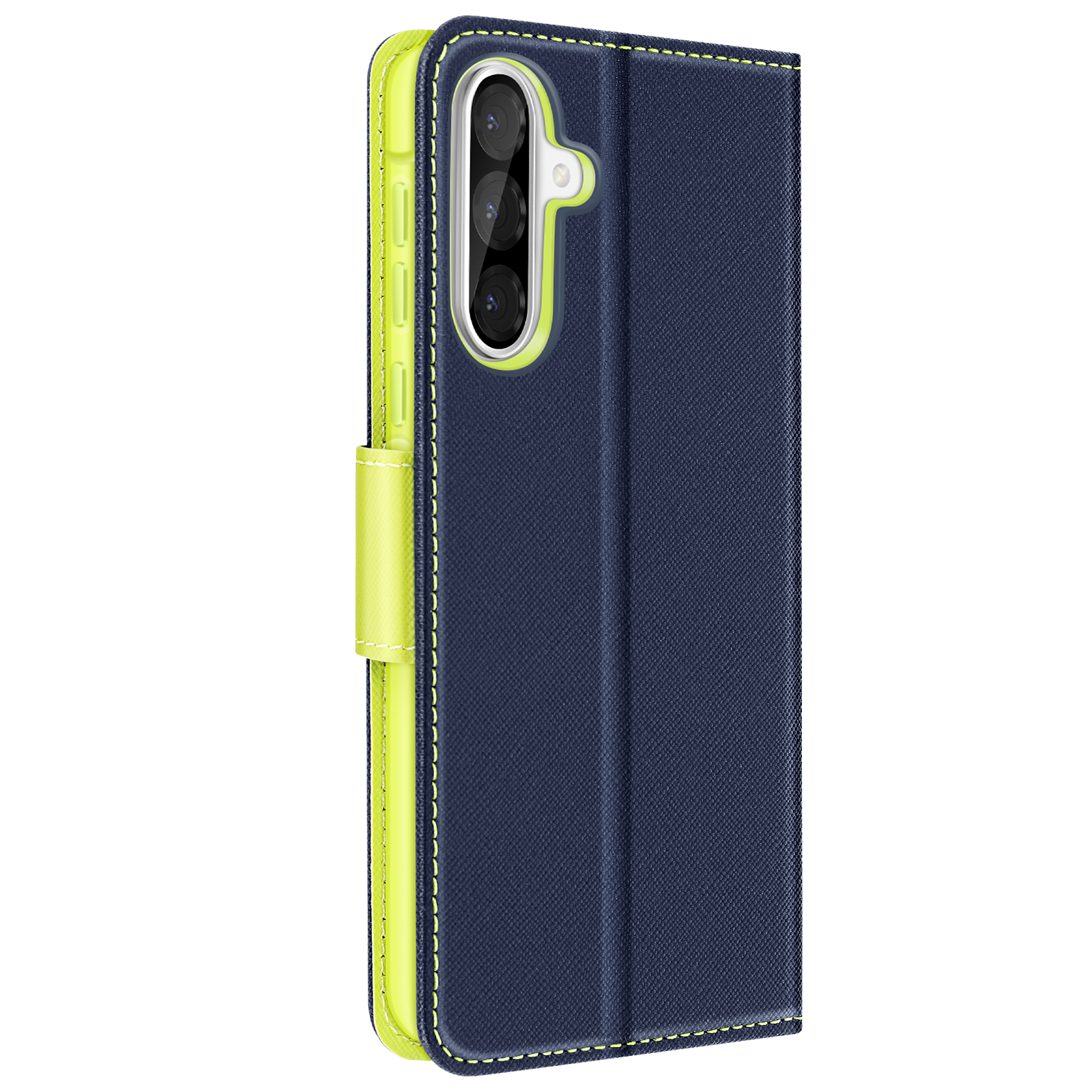 Custodia blu navy, aperta, con accenti verdi e un telefono dentro.