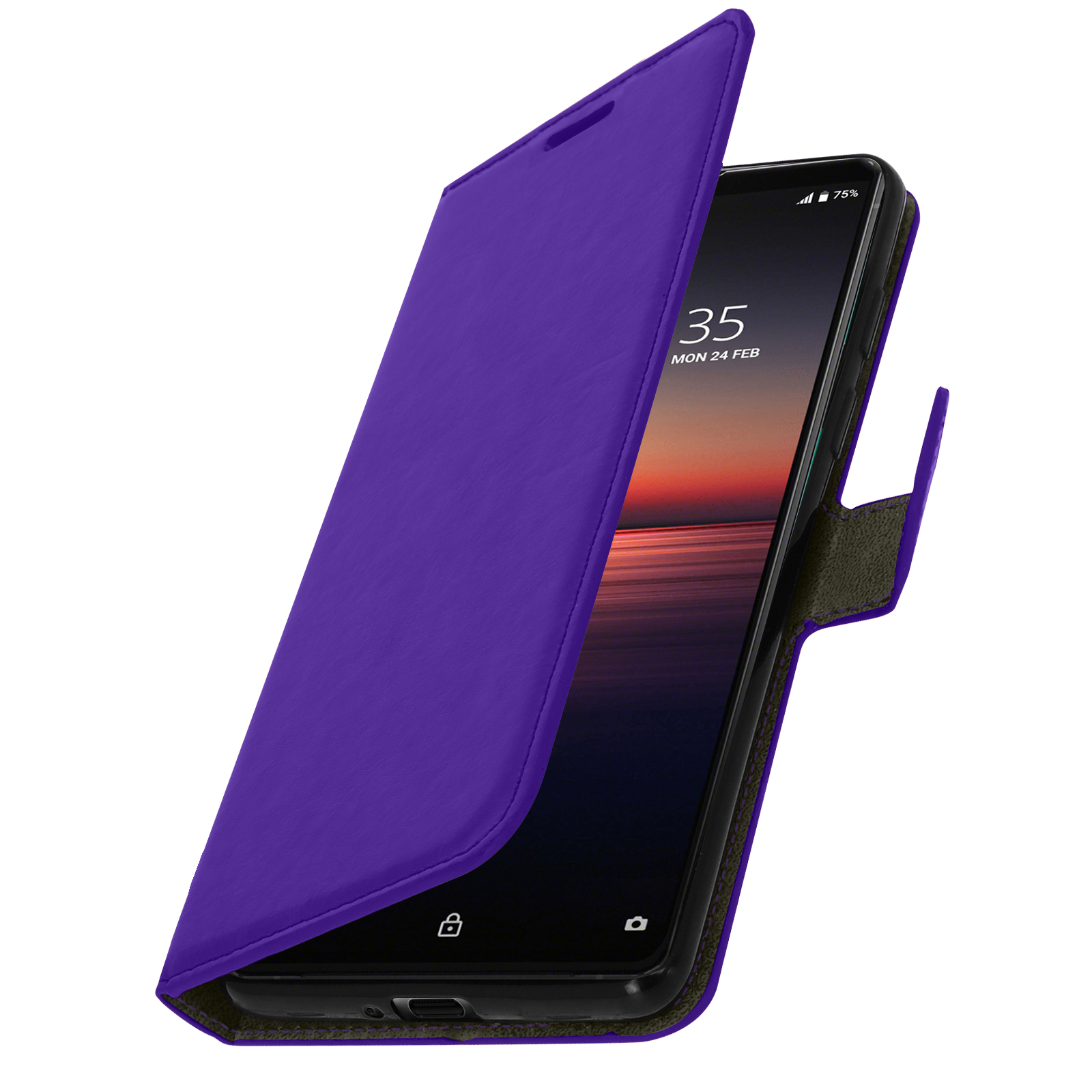 Custodia per telefono viola con un telefono all'interno. Il telefono è aperto. Sfondo bianco.