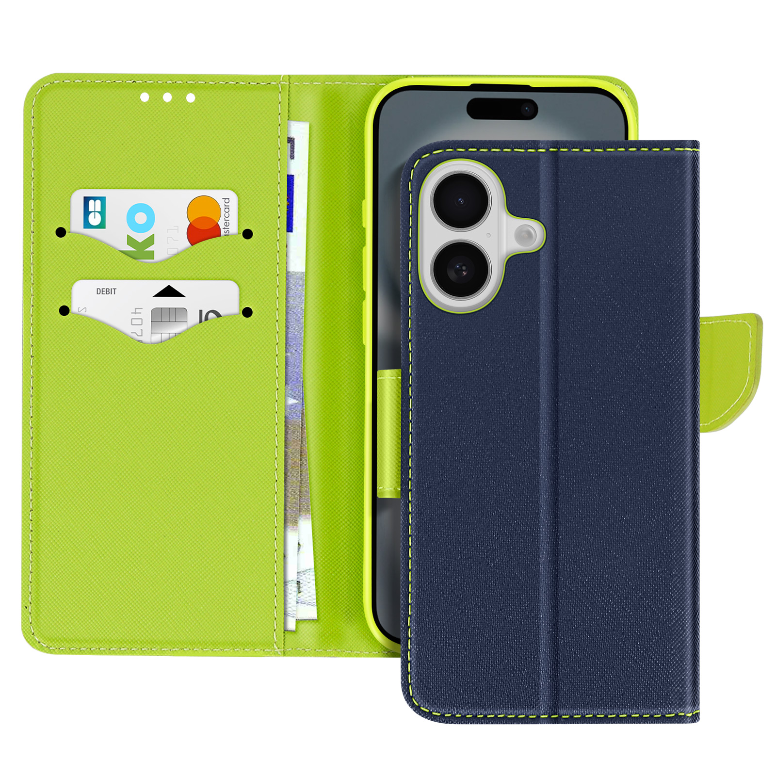 Una custodia per telefono con carte all'interno. Ha un interno verde, un esterno blu e un telefono all'interno.