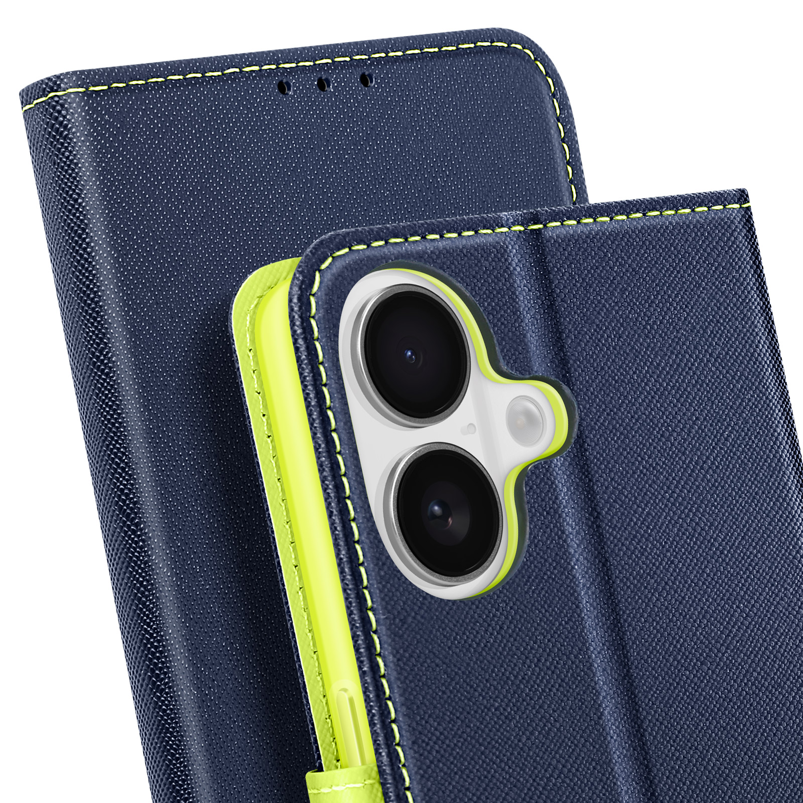 Custodia per telefono blu, colore blu navy, con cuciture gialle. Obiettivo della fotocamera visibile. Sfondo bianco.