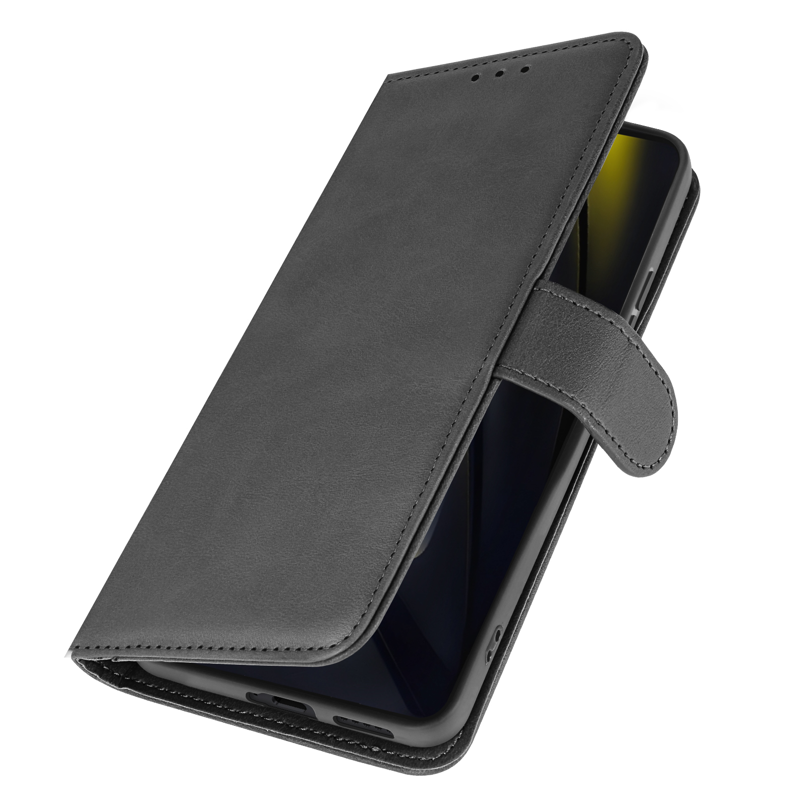 Custodia per telefono nera, chiusa. Il telefono è dentro. La custodia ha una chiusura magnetica.