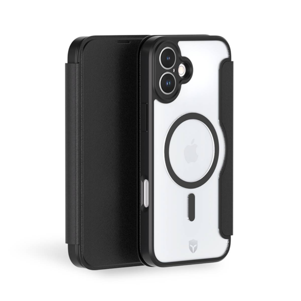 Custodia per telefono con un telefono all'interno. Bianco e nero. Logo Apple.