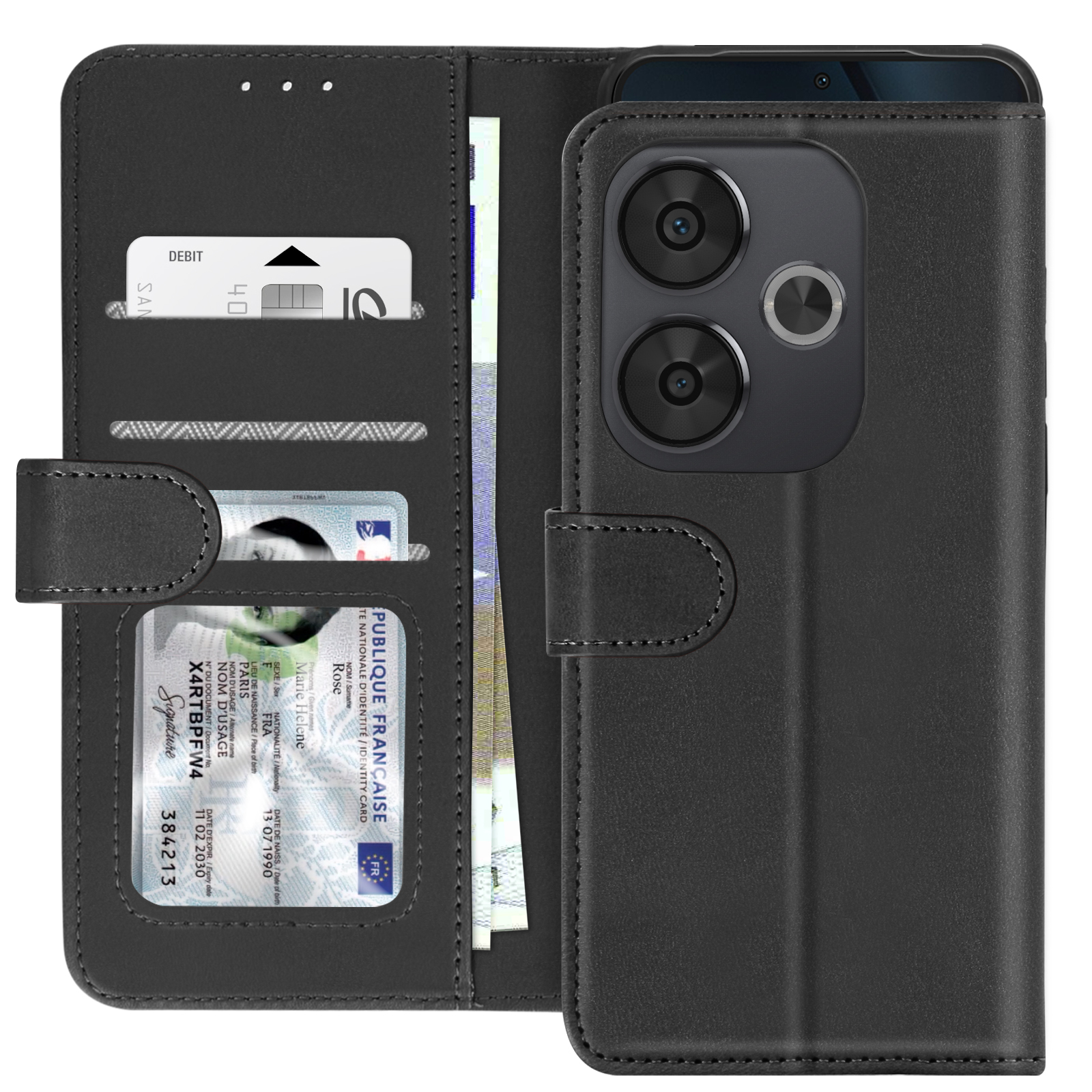 Custodia per telefono nera aperta, con carte e documento d'identità negli slot. Il telefono è a destra.