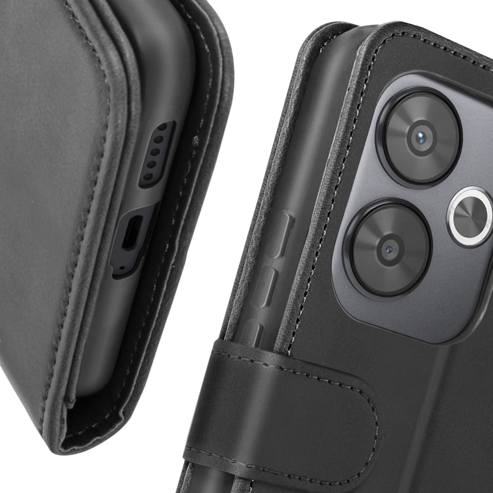 Primo piano di custodia nera con dettagli della fotocamera e pulsanti laterali.