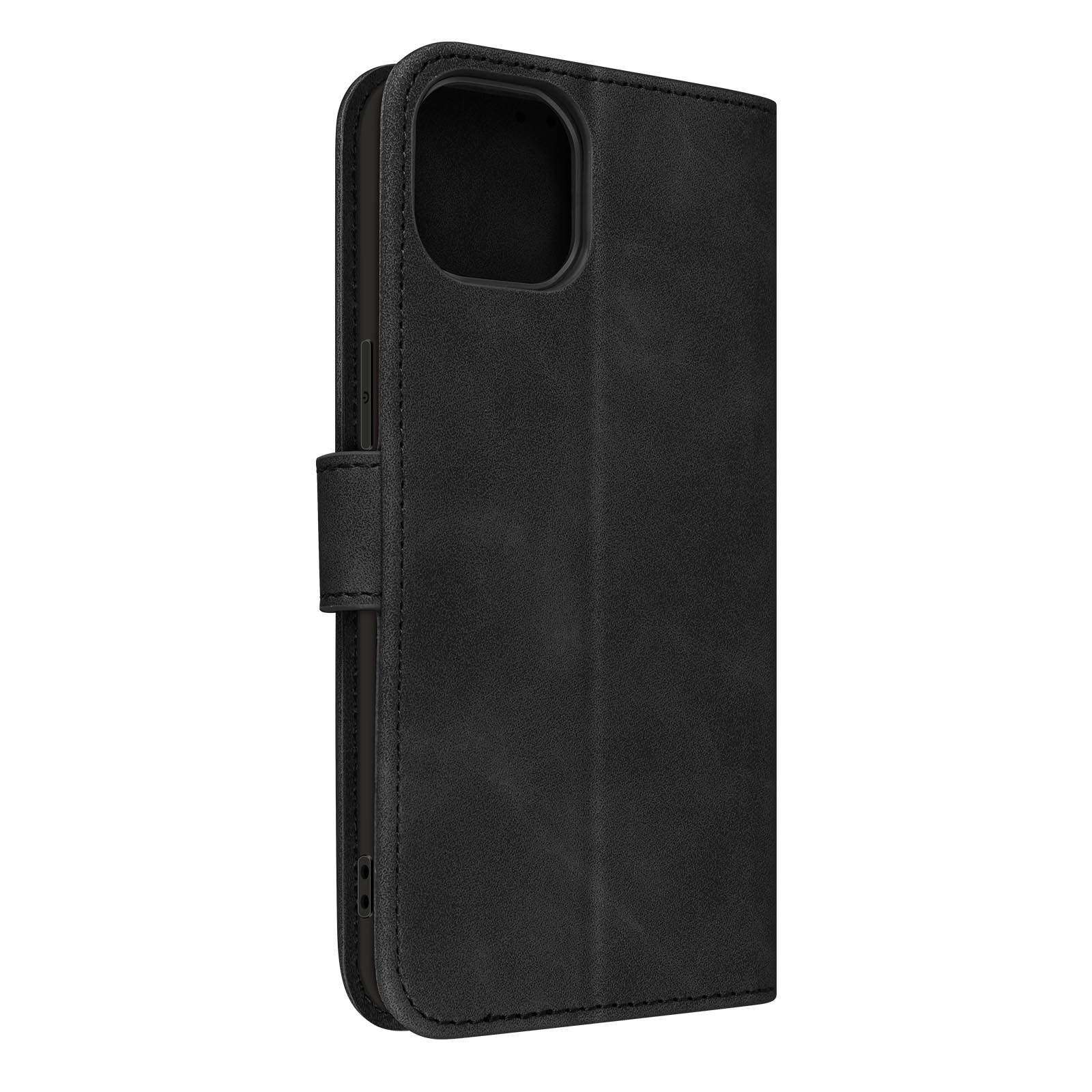 Custodia per telefono nera chiusa. La custodia ha una chiusura magnetica. Lo sfondo è bianco.
