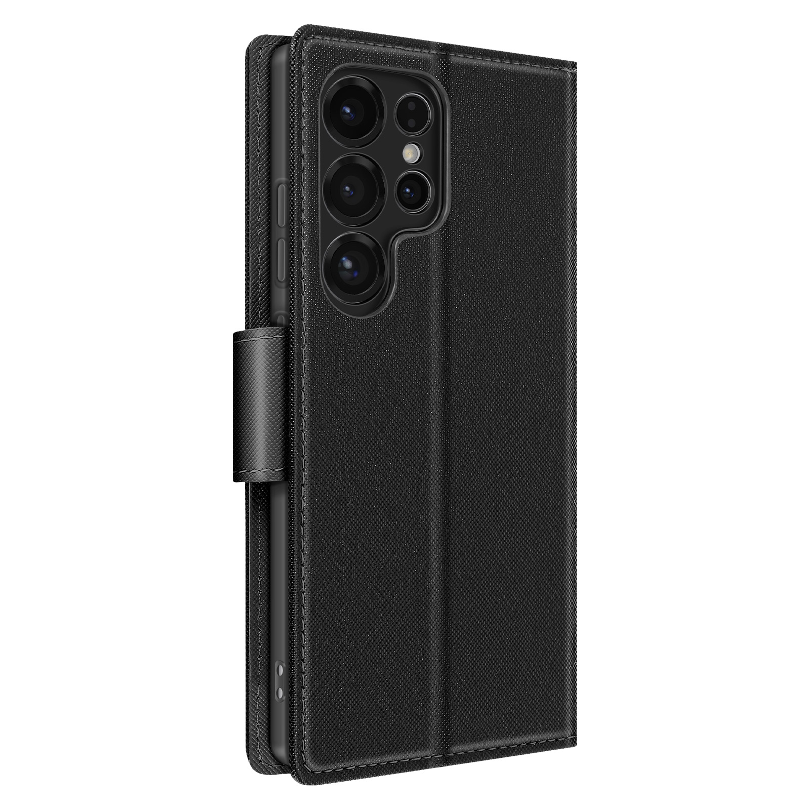 Custodia per telefono nera chiusa. Mostra più obiettivi della fotocamera. La custodia è chiusa.