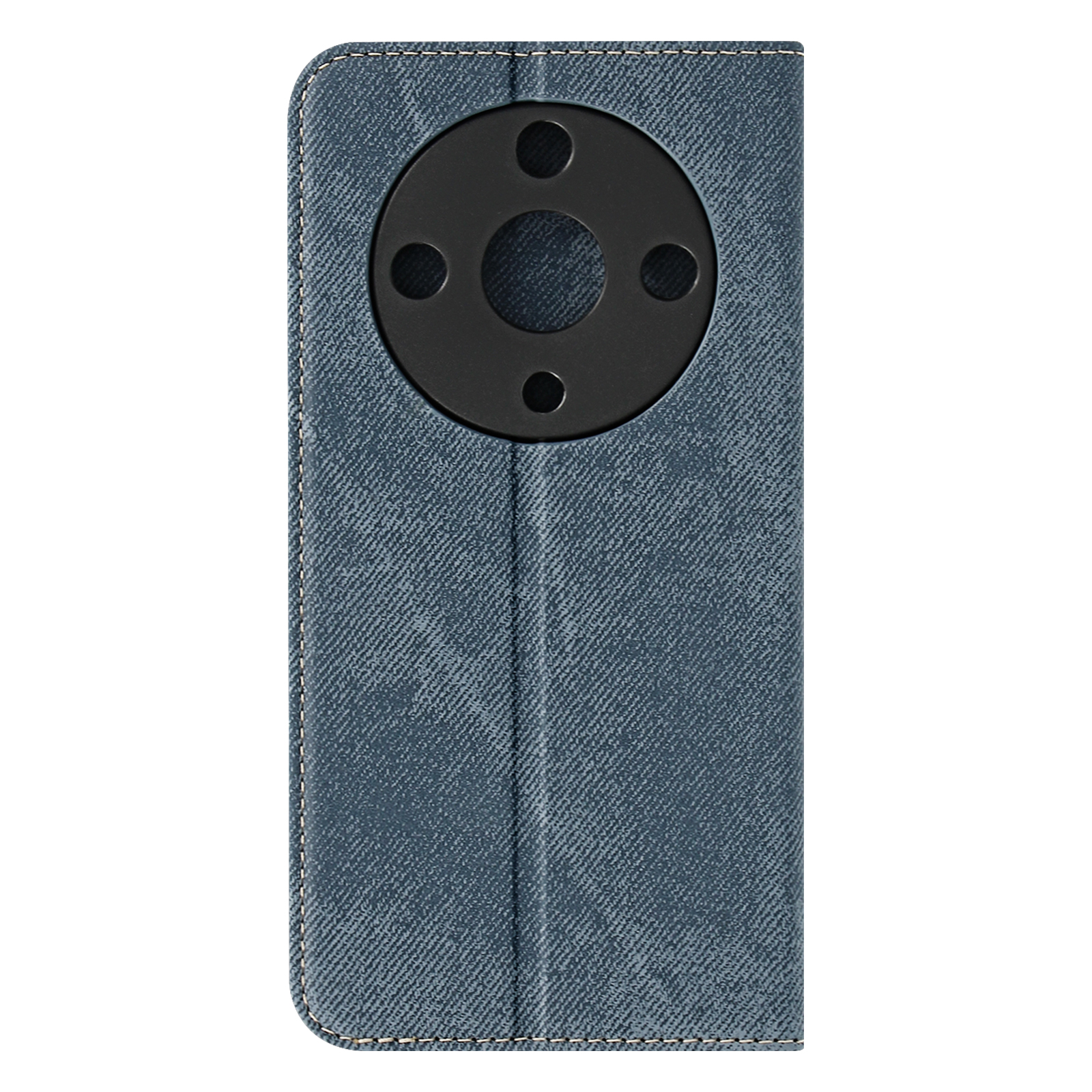 Custodia per telefono in denim blu. Chiusa. Retro con ritaglio circolare nero per fotocamera. Cuciture bianche.