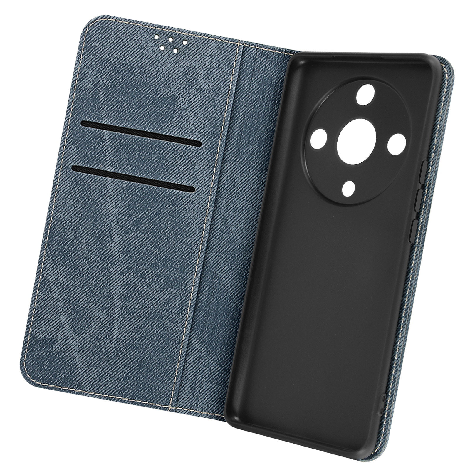 Custodia per telefono in denim blu, aperta. All'interno è visibile una custodia nera, con due fessure per carte.
