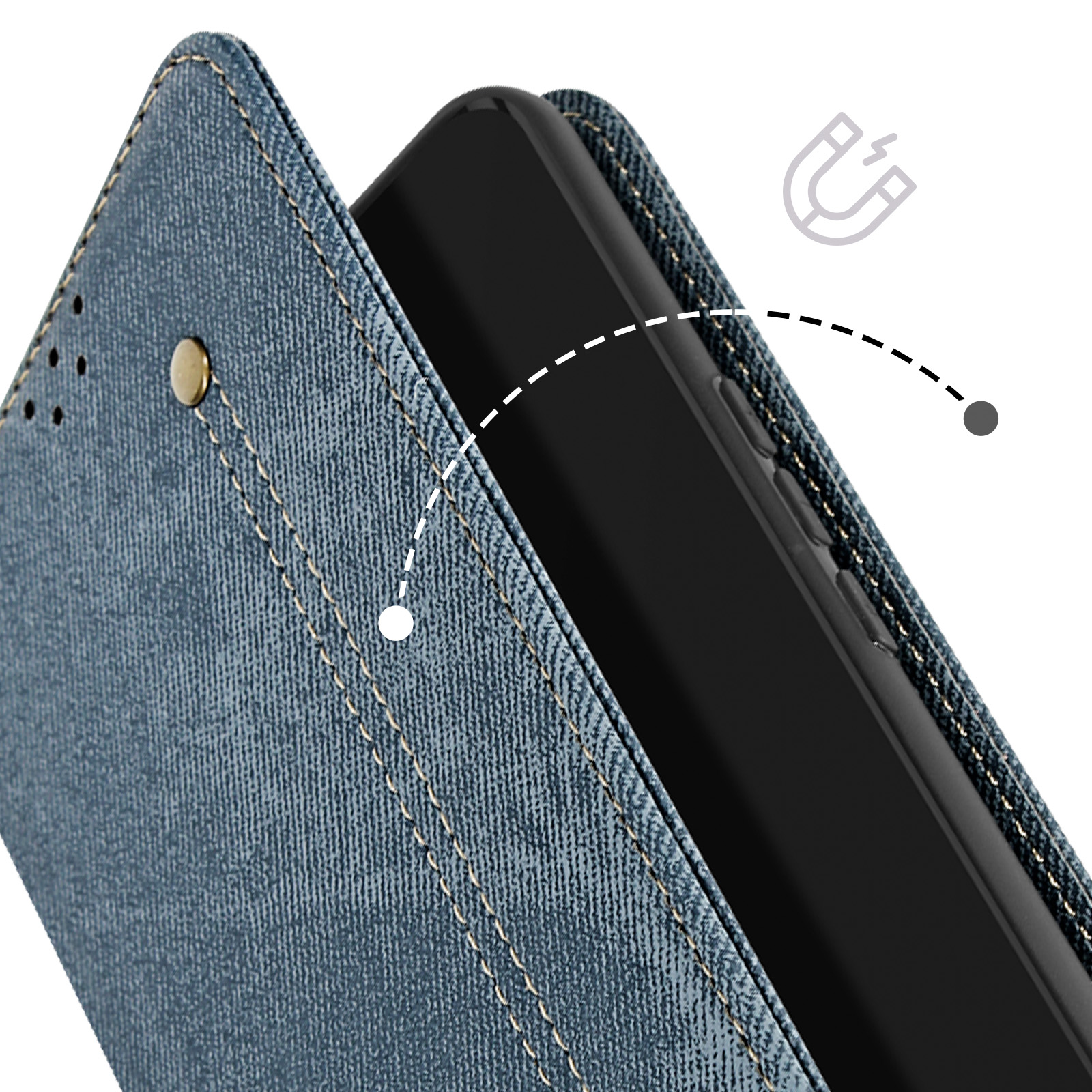 Custodia denim blu con telefono nero. La custodia ha cuciture gialle e bottone metallico.