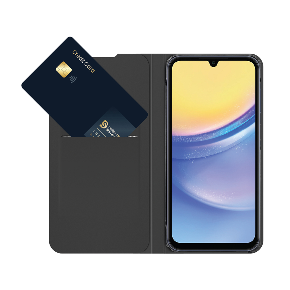 Teléfono dentro de una funda negra con una tarjeta de crédito en la ranura. El teléfono tiene una pantalla amarilla y azul.