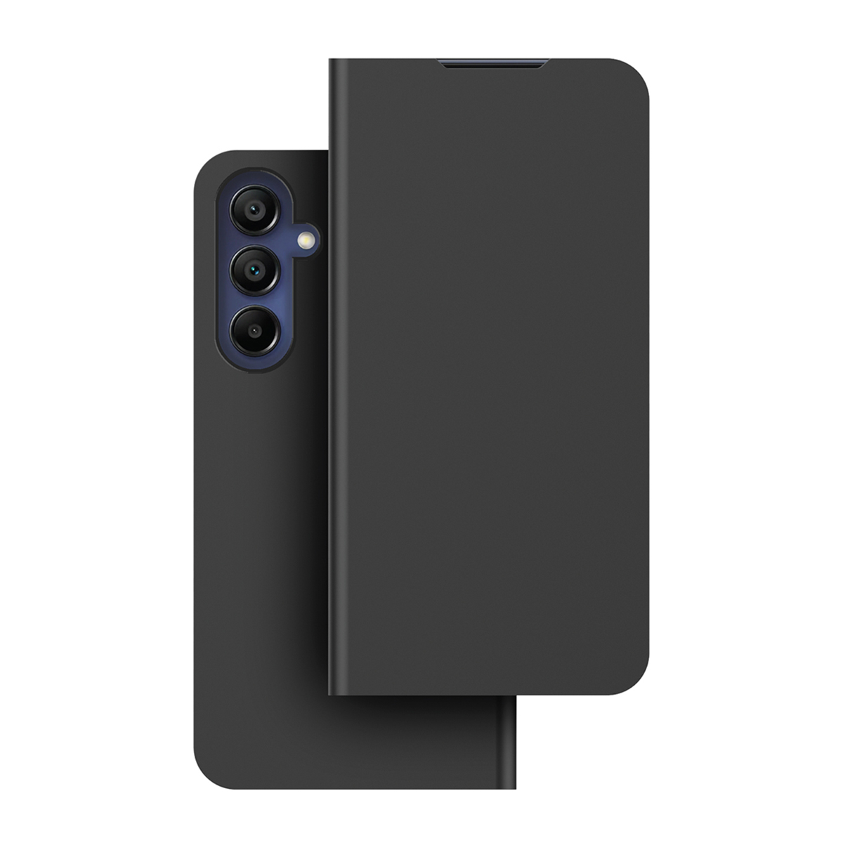 Una funda negra para teléfono con un teléfono dentro. La funda tiene una cámara de 3 lentes. La funda está cerrada.