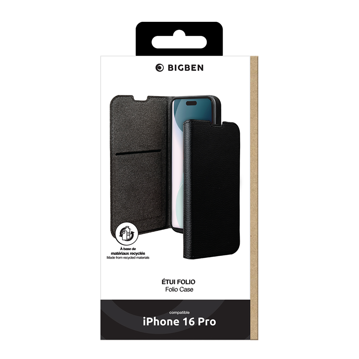 Schwarze Handyhüllenbox mit Telefonbild, Text 'iPhone 16 Pro' und Bigben-Logo.