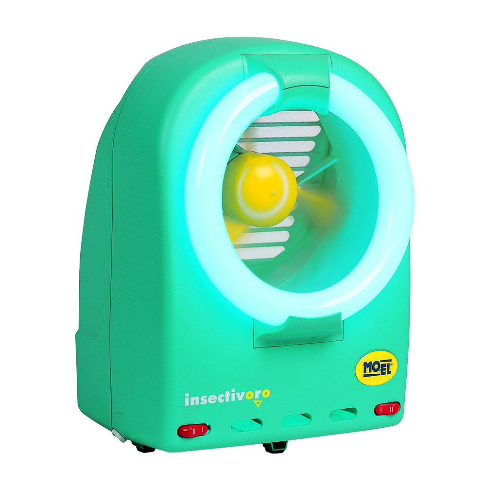 Grüner Insektenvernichter mit blauem Licht. Das Gerät hat einen Ventilator und eine gelbe Mitte.