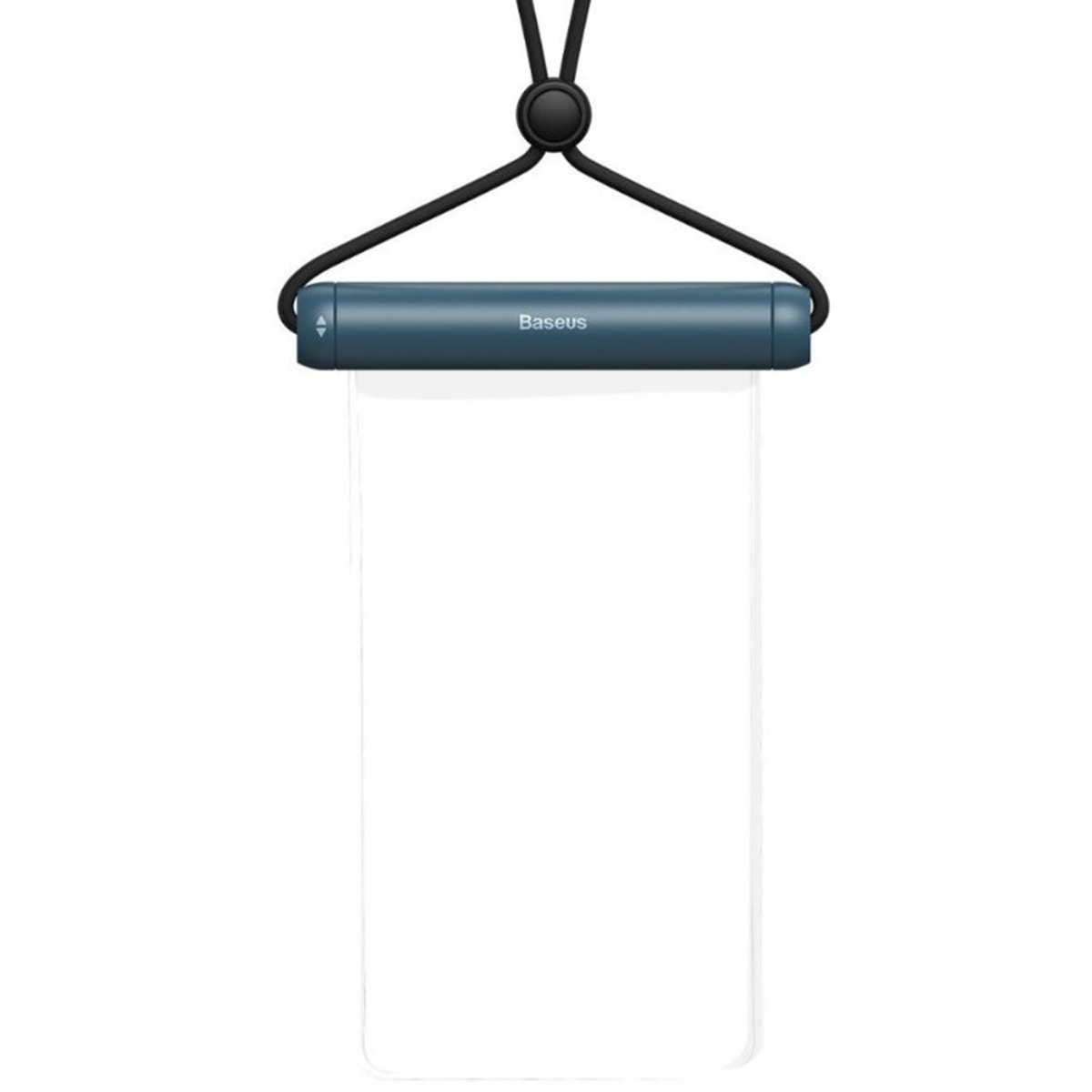 Custodia impermeabile per telefono con cordino. Plastica blu e trasparente. Tracolla nera.