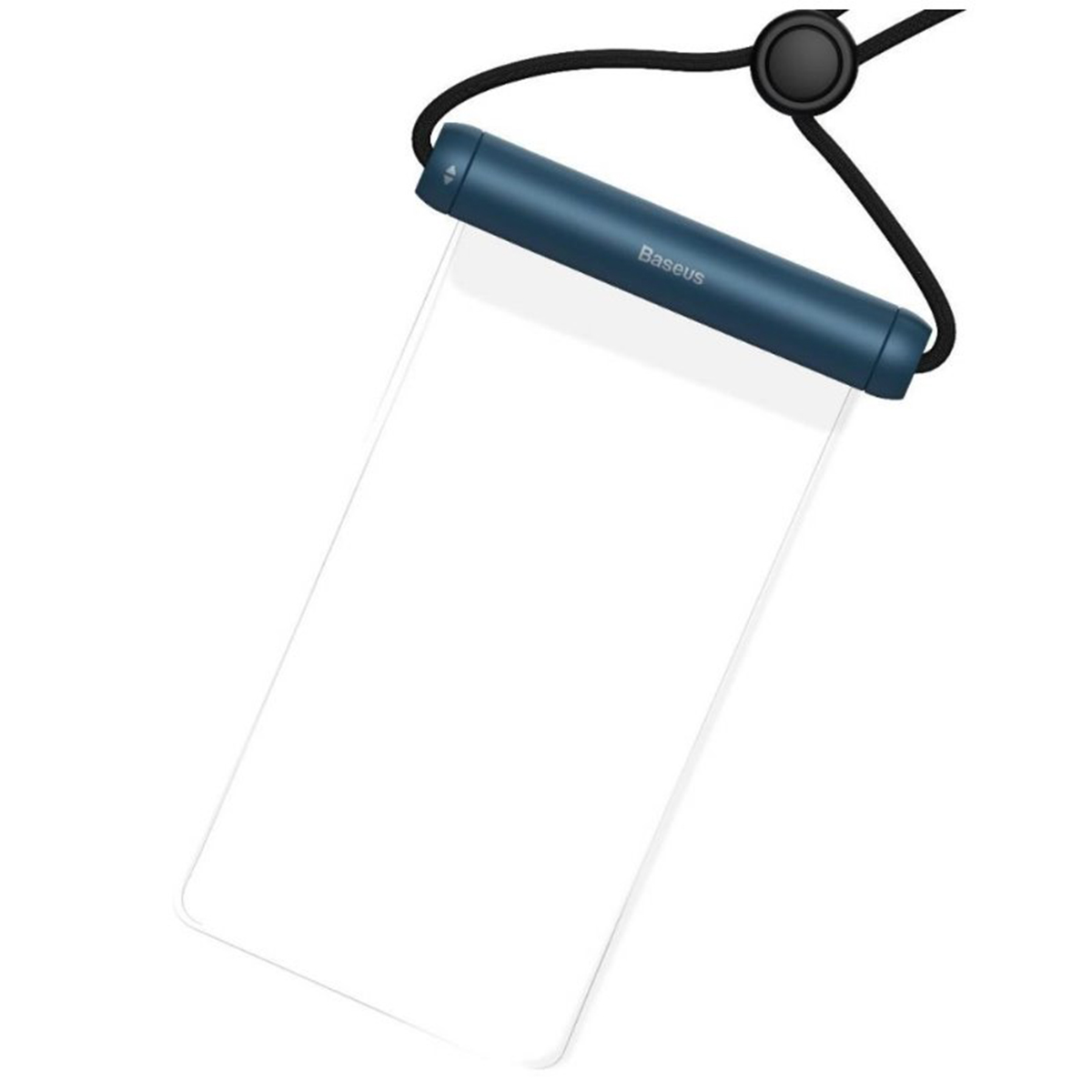 Custodia per telefono impermeabile trasparente, dettagli blu, cordino nero. Logo Baseus. Isolato su sfondo bianco.