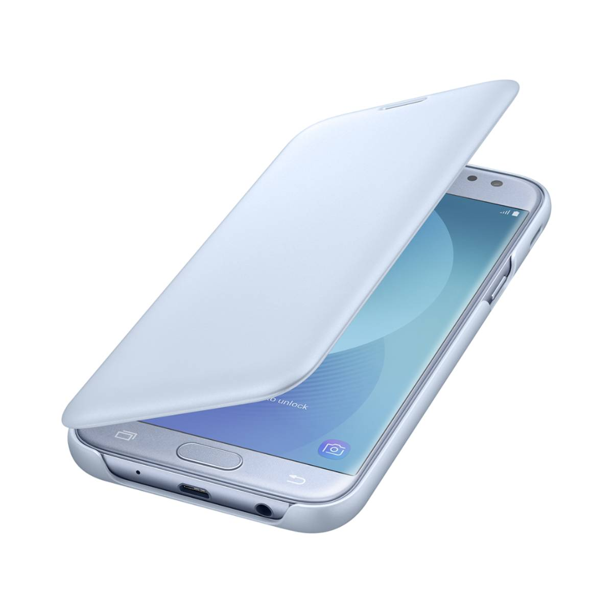 Smartphone plateado con cubierta azul claro abierta. El teléfono sobre fondo blanco.