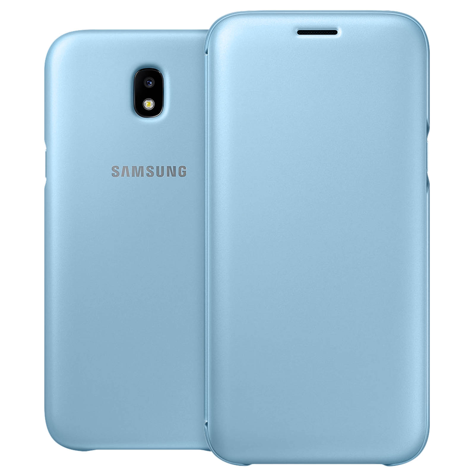 Funda de teléfono azul claro, vista frontal y trasera. La parte trasera tiene un recorte para la cámara y el logotipo de Samsung.