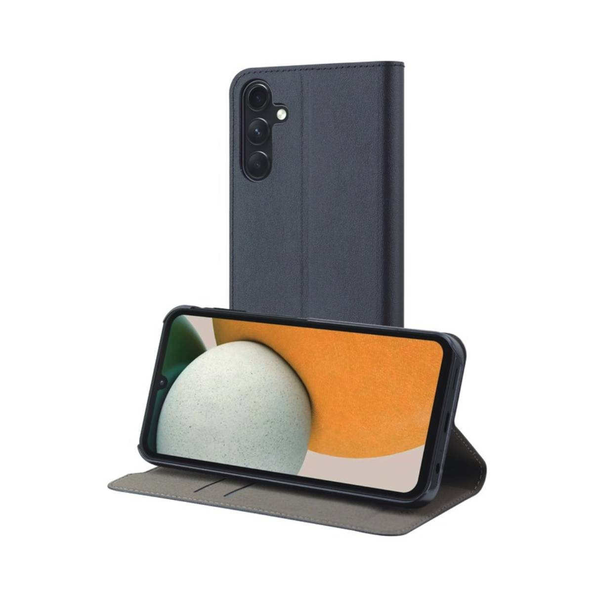Telefono in una custodia, in piedi. Lo schermo del telefono è visibile. Un'altra parte della custodia è dietro.