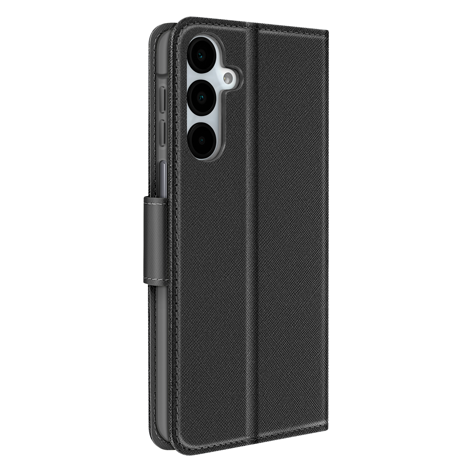 Custodia per telefono nera aperta con il telefono all'interno. La custodia ha tre fotocamere.