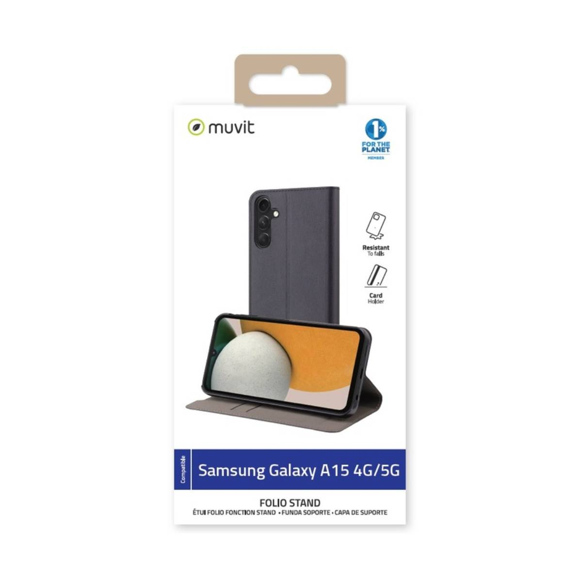 Confezione bianca con la custodia per Samsung Galaxy A15 4G/5G. La custodia è grigia.