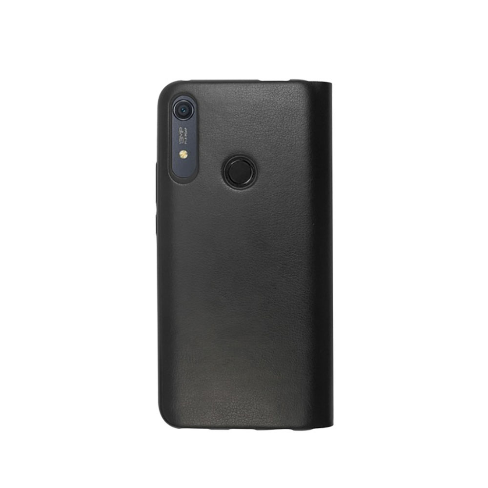 Custodia nera per telefono con fotocamera. La custodia è chiusa, il retro è visibile.