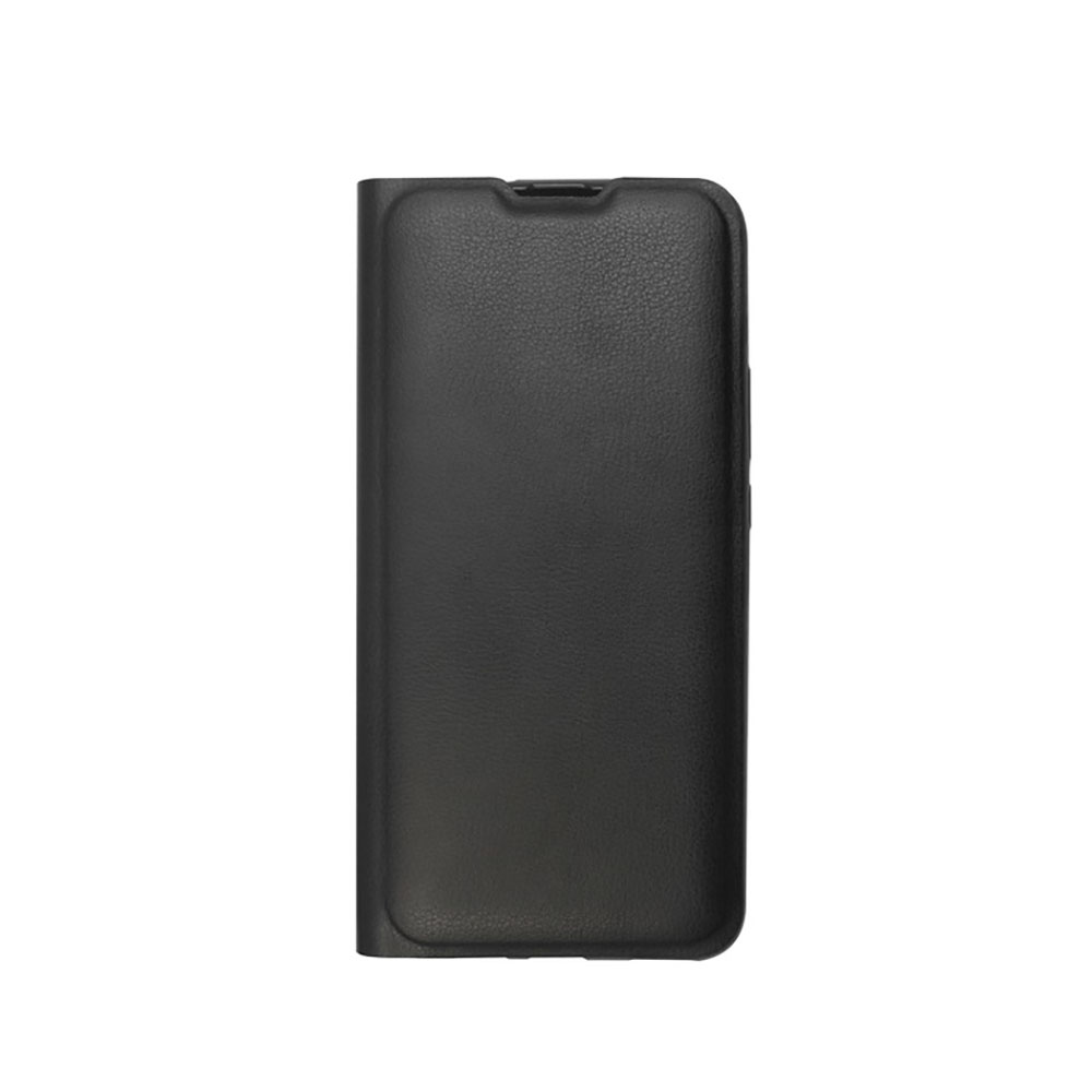 Una custodia nera chiusa per telefono, in pelle. La custodia è semplice e ha un design semplice.