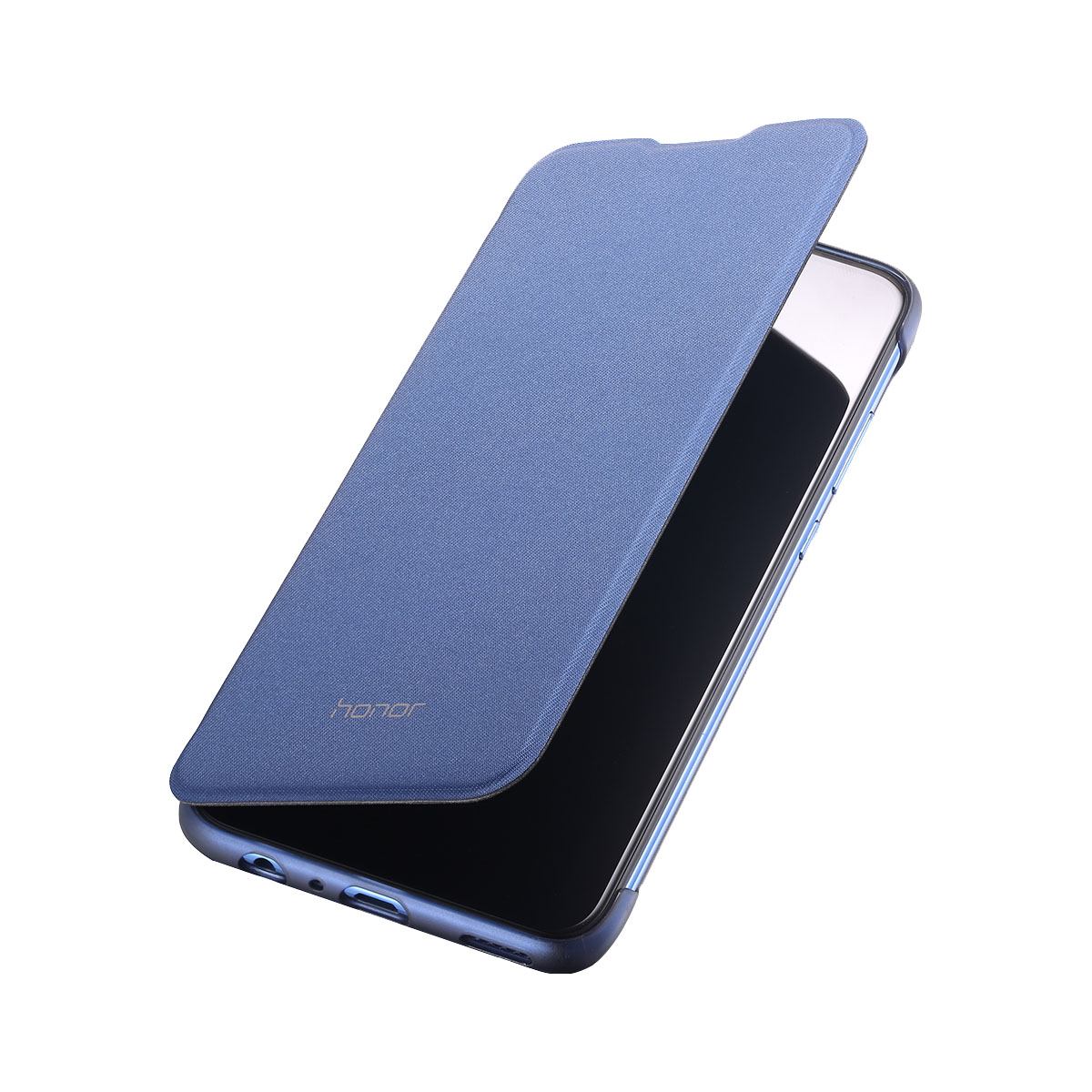 Funda de teléfono azul, abierta, con un teléfono dentro. La marca HONOR es visible.