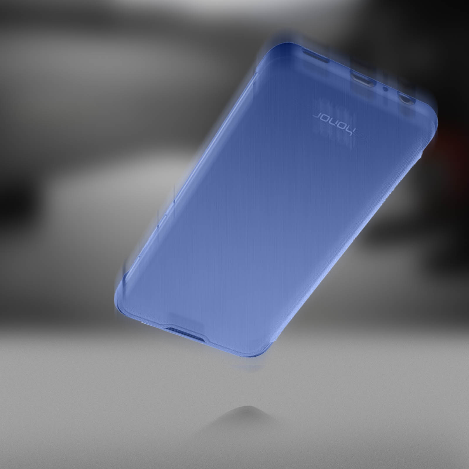 Funda de teléfono azul, flotando. La palabra 'JOUOL' es visible. Fondo borroso.