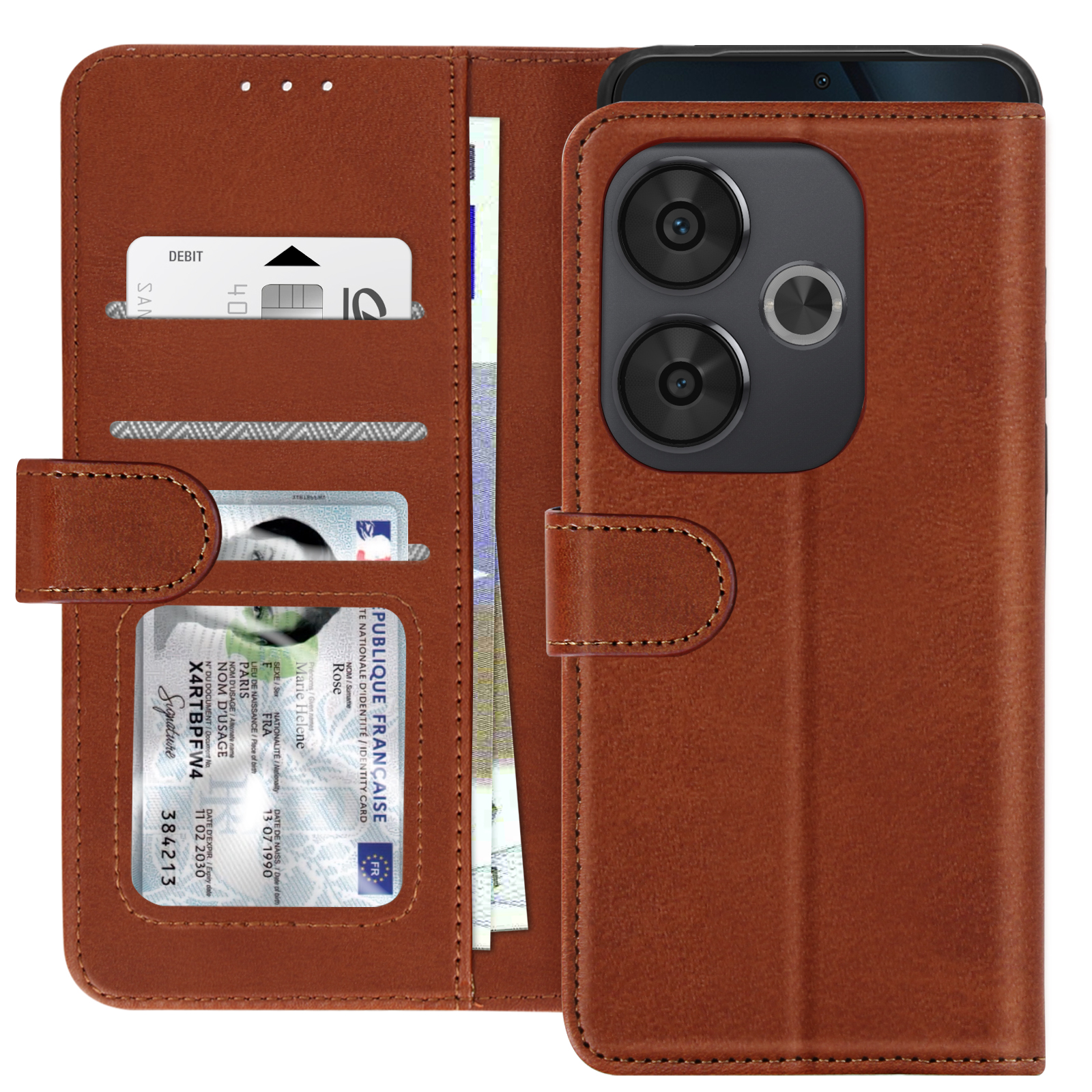 Geöffnete braune Leder-Handyhülle mit Telefon, Karten und Ausweis. Innenausstattung.