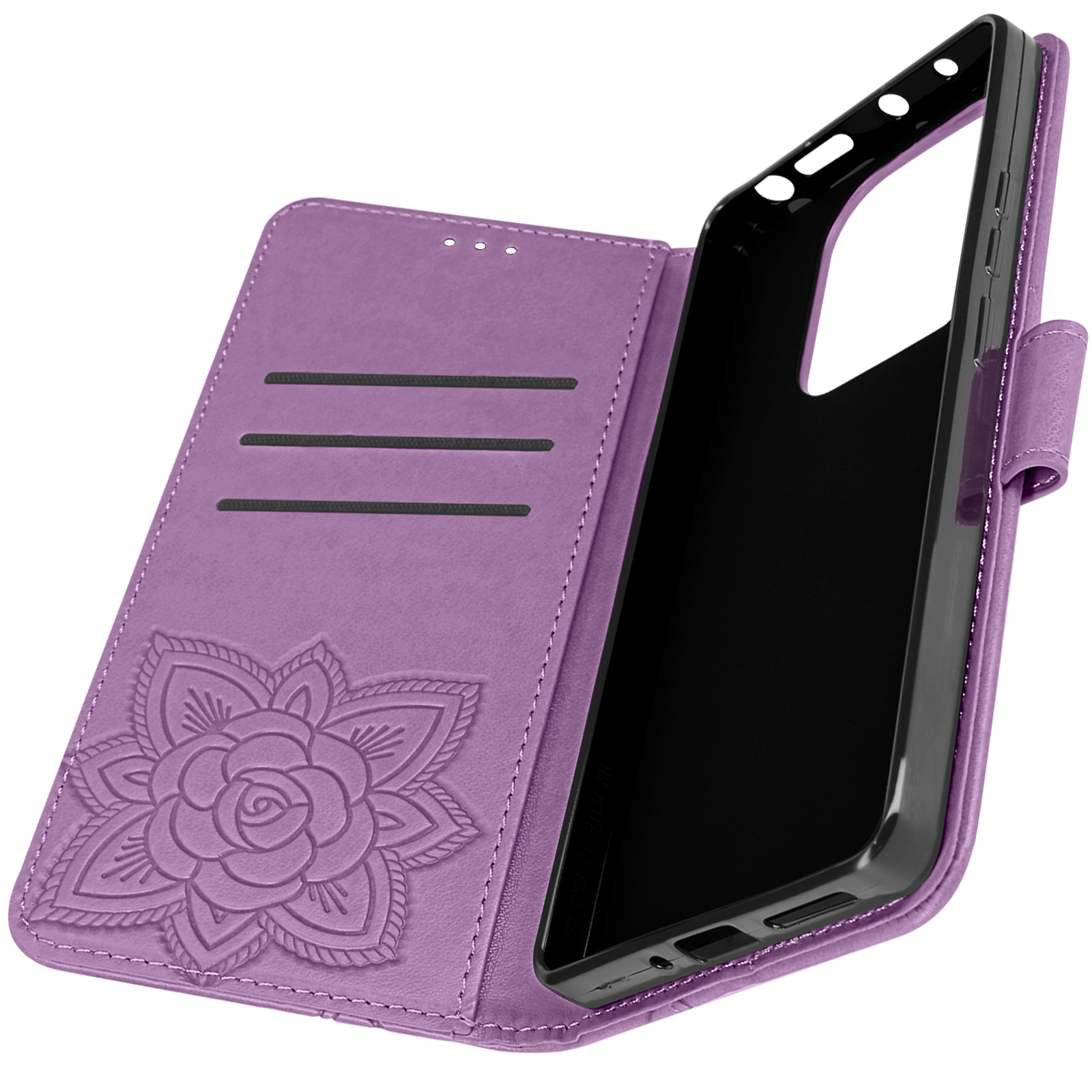 Custodia viola aperta, telefono dentro. Design floreale e fessure per carte.
