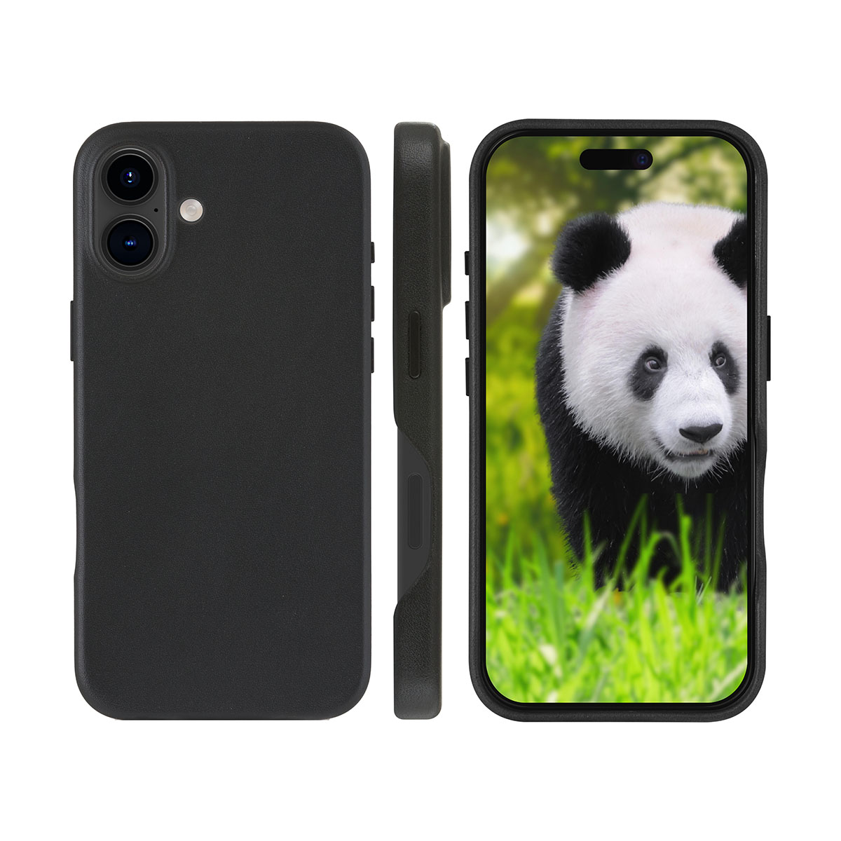 Custodia per telefono nera con telefono all'interno. Il telefono mostra un'immagine di panda.