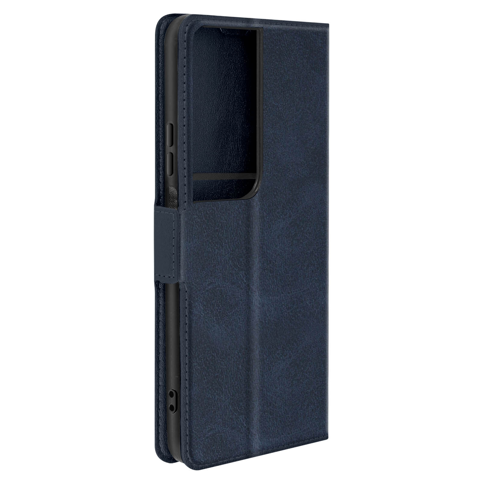 Custodia per telefono blu scuro chiusa. La custodia ha una chiusura magnetica.