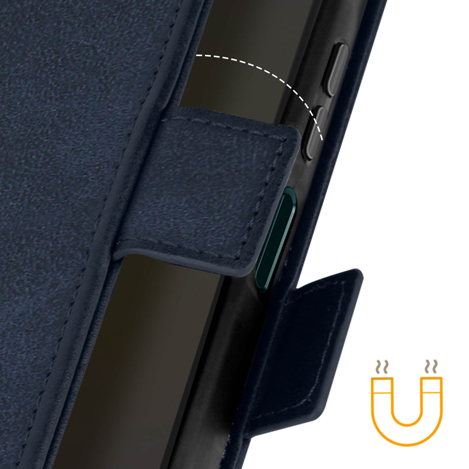 Primo piano di una custodia blu con chiusura magnetica e dettaglio del pulsante laterale.