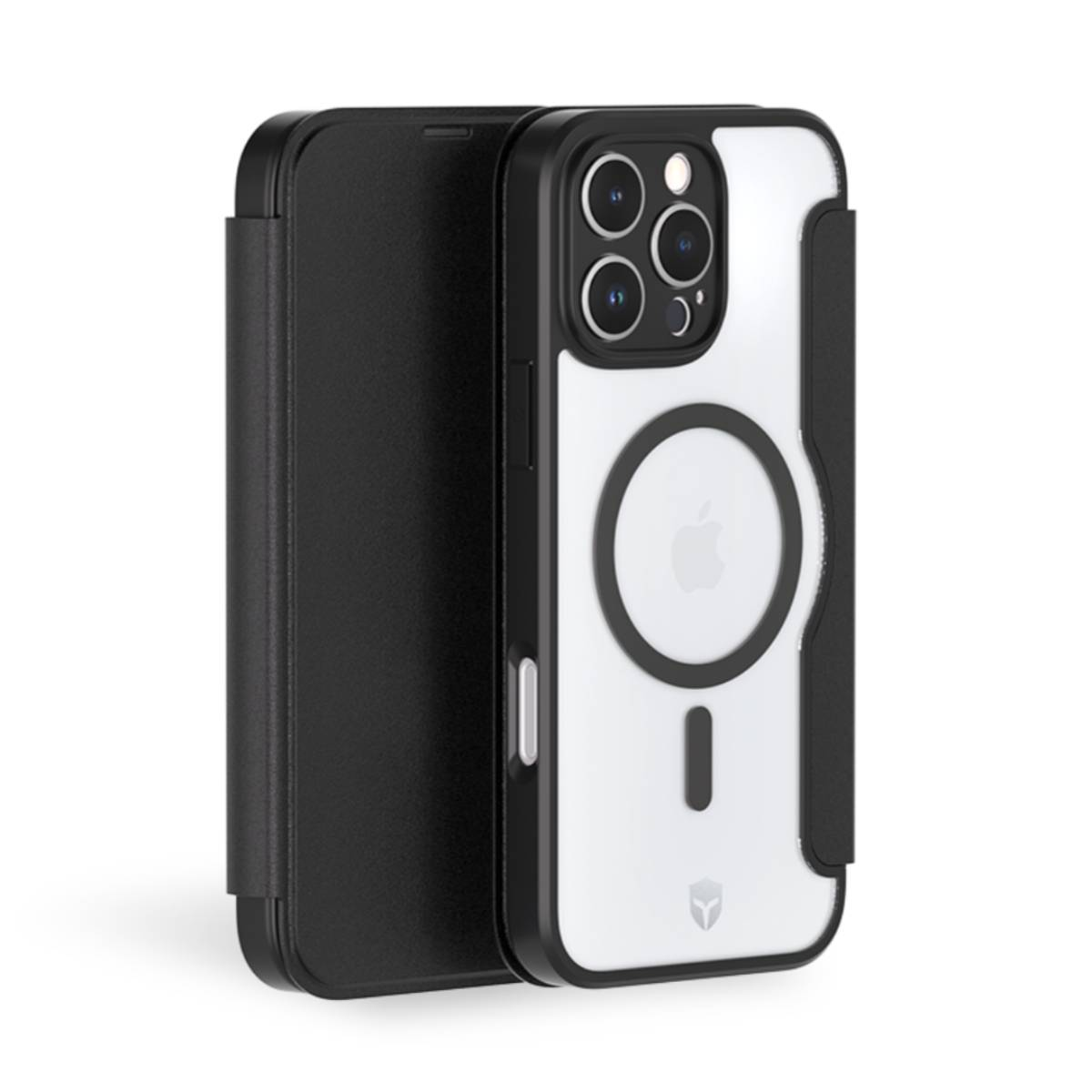Custodia per telefono in bianco e nero. Il telefono è visibile all'interno. La custodia è aperta.