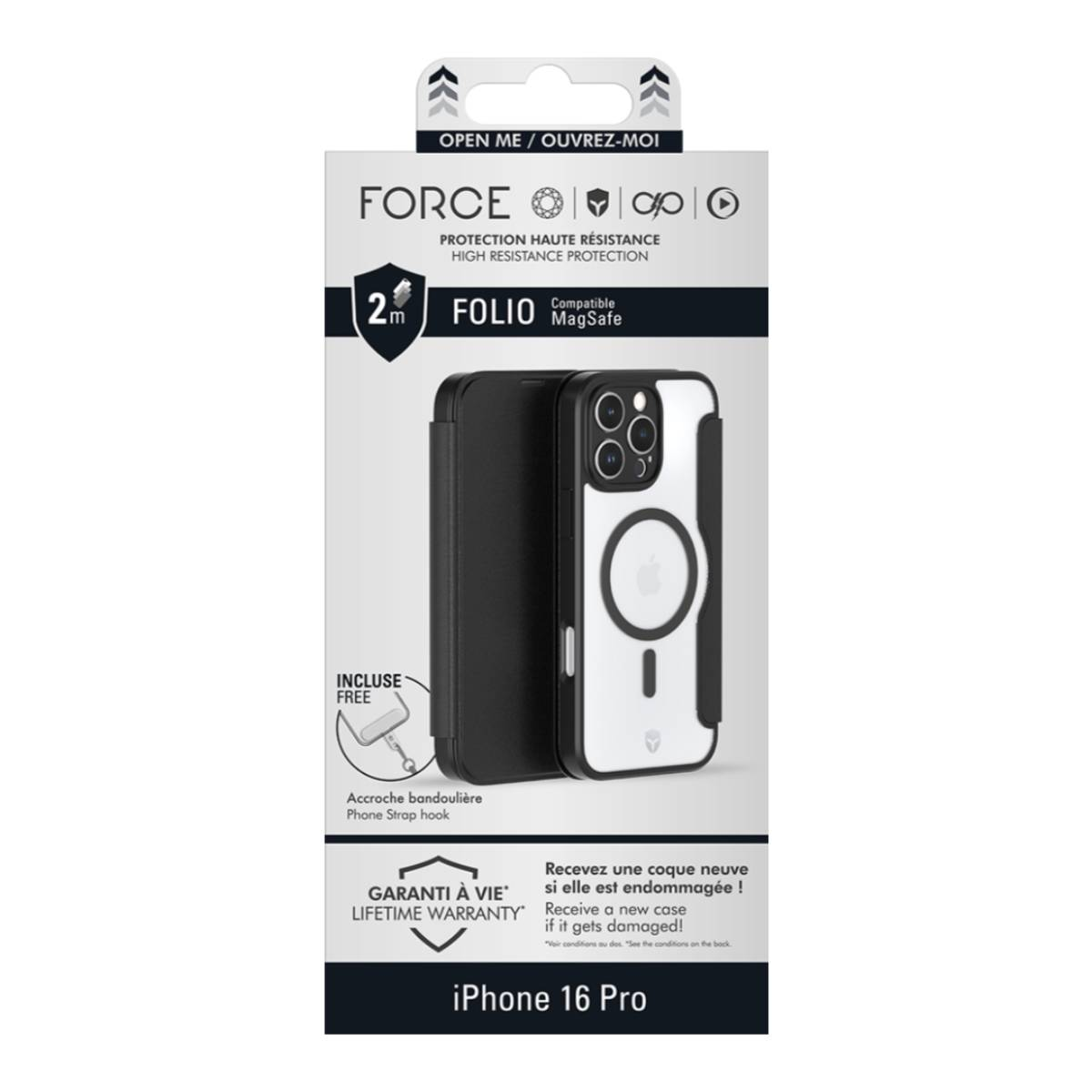 Scatola nera per custodia del telefono. Dice 'FORCE', 'FOLIO' e 'iPhone 16 Pro'.
