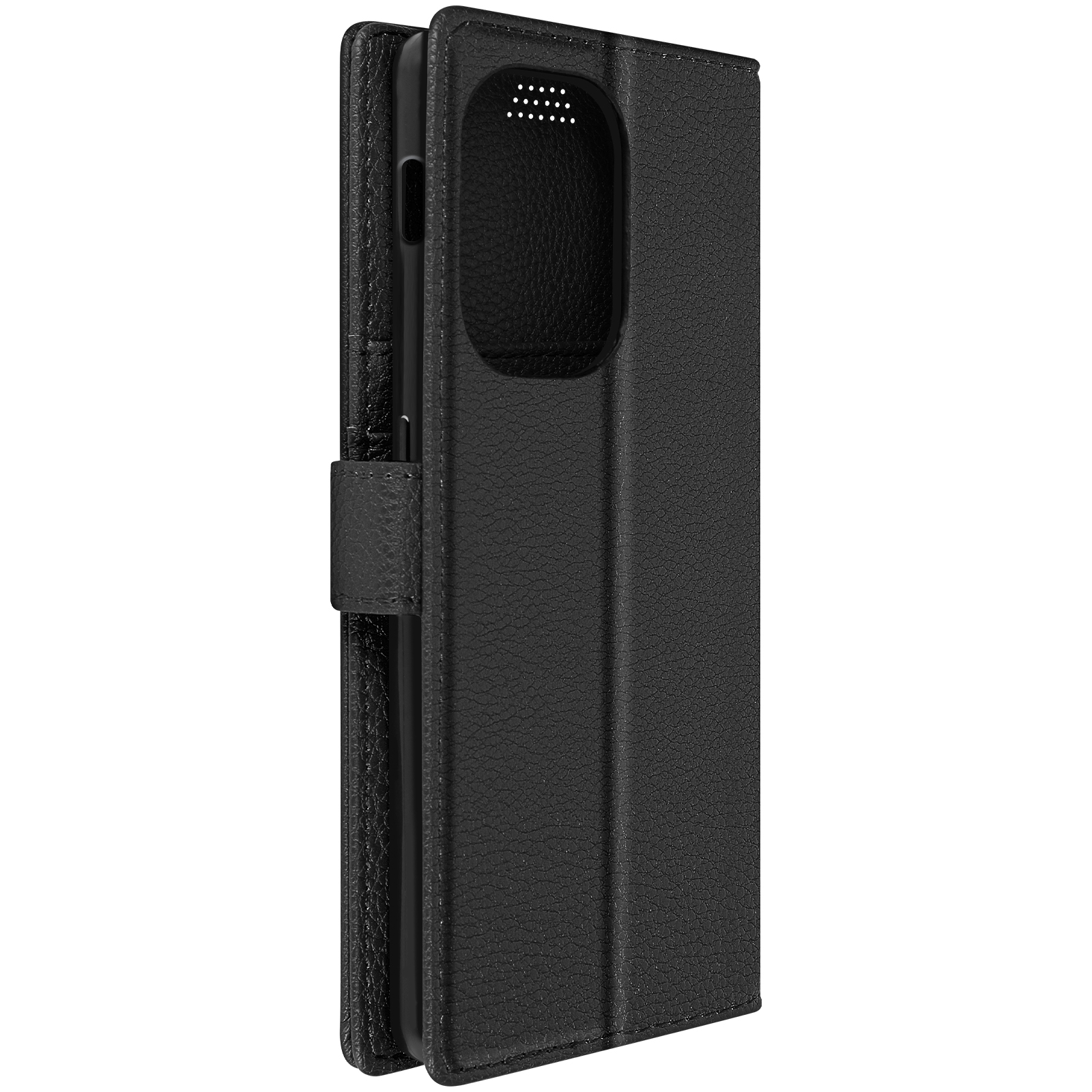 Custodia nera chiusa per telefono con un ritaglio per la fotocamera. La custodia è in pelle strutturata.