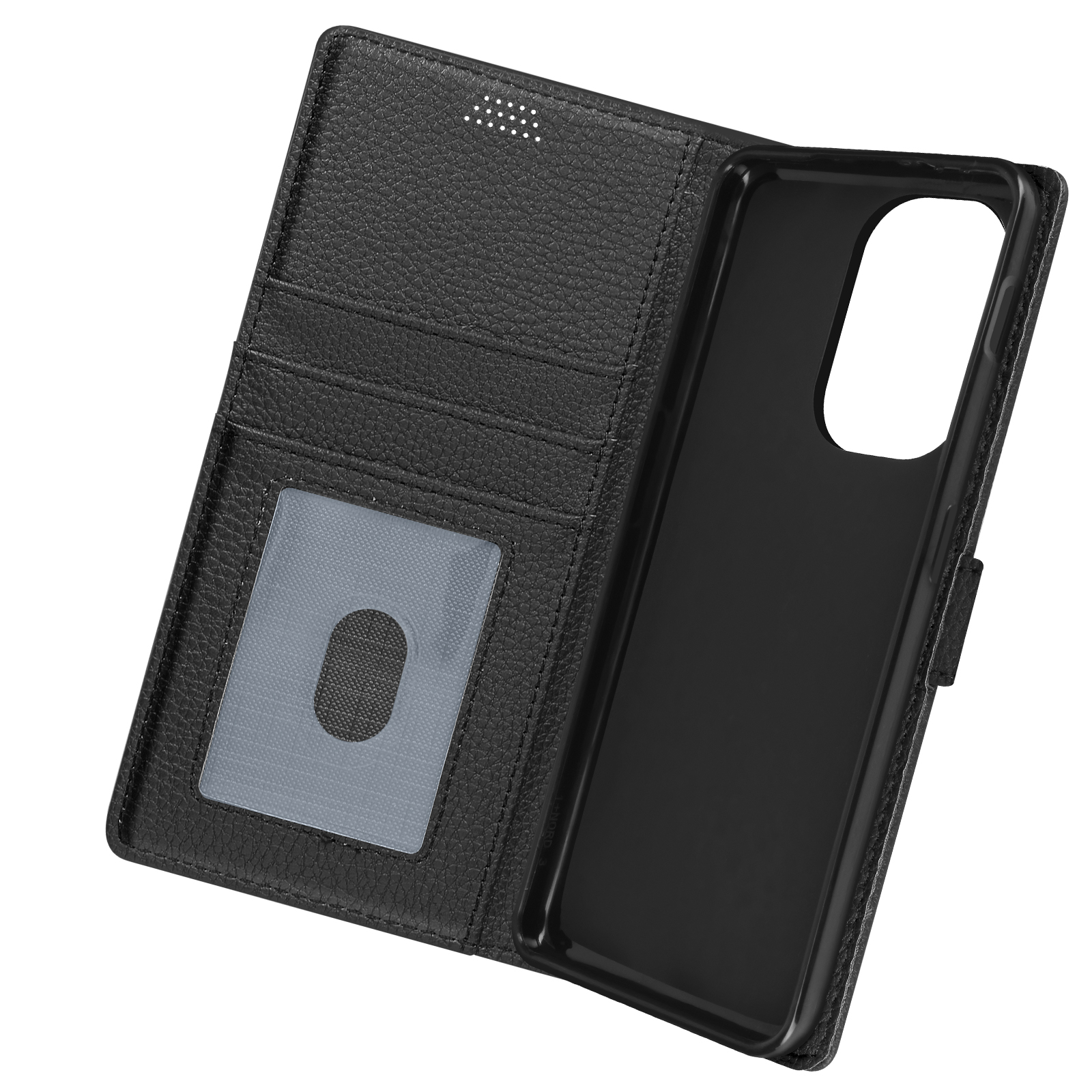 Custodia in pelle nera, aperta per mostrare carte e telefono. Una finestra trasparente è visibile.
