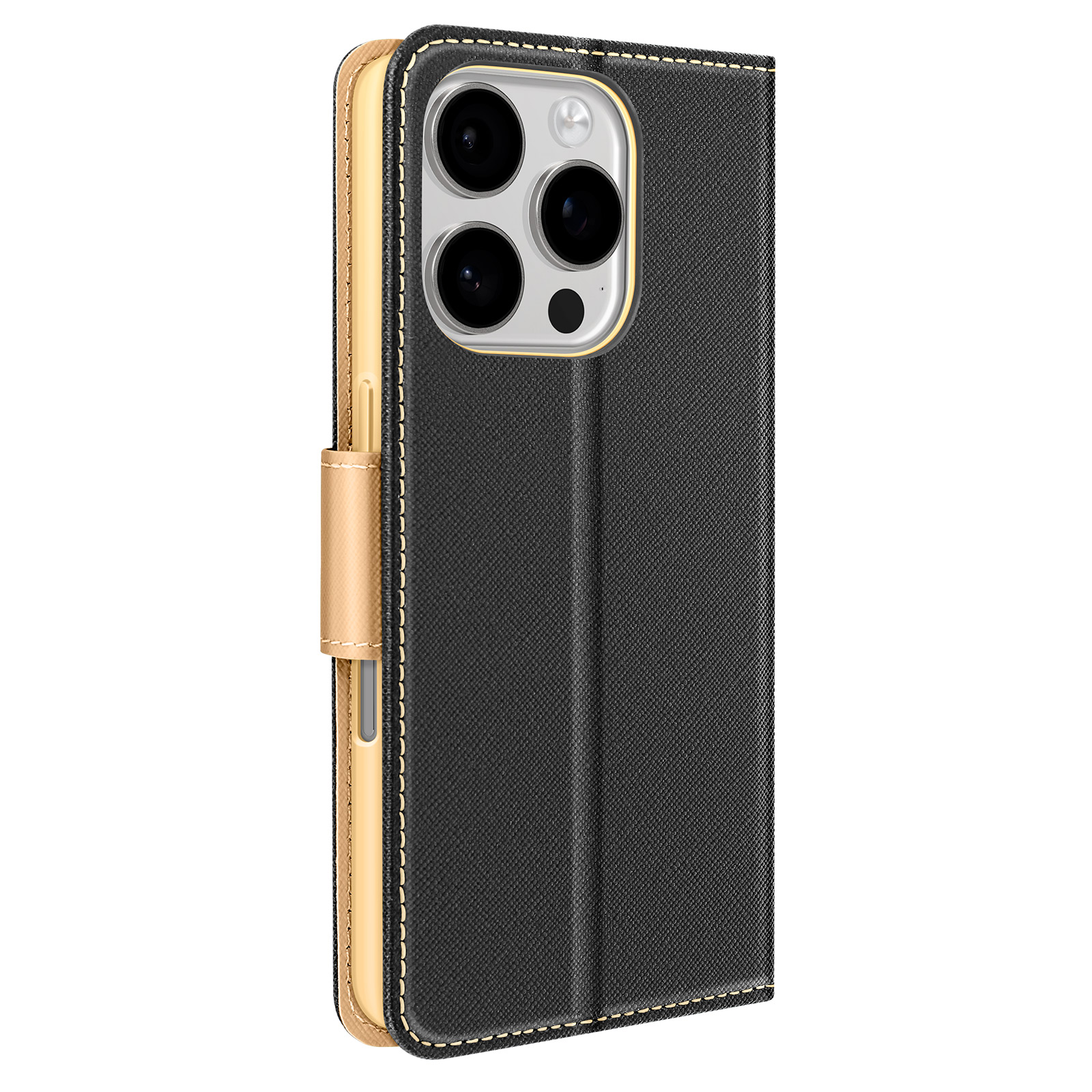 Custodia per telefono nera e oro con un ampio ritaglio per la fotocamera e una chiusura magnetica.