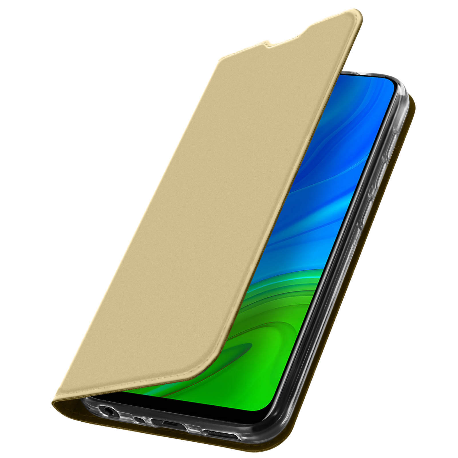 Custodia per telefono color cachi con telefono all'interno. Il telefono mostra uno schermo blu e verde.