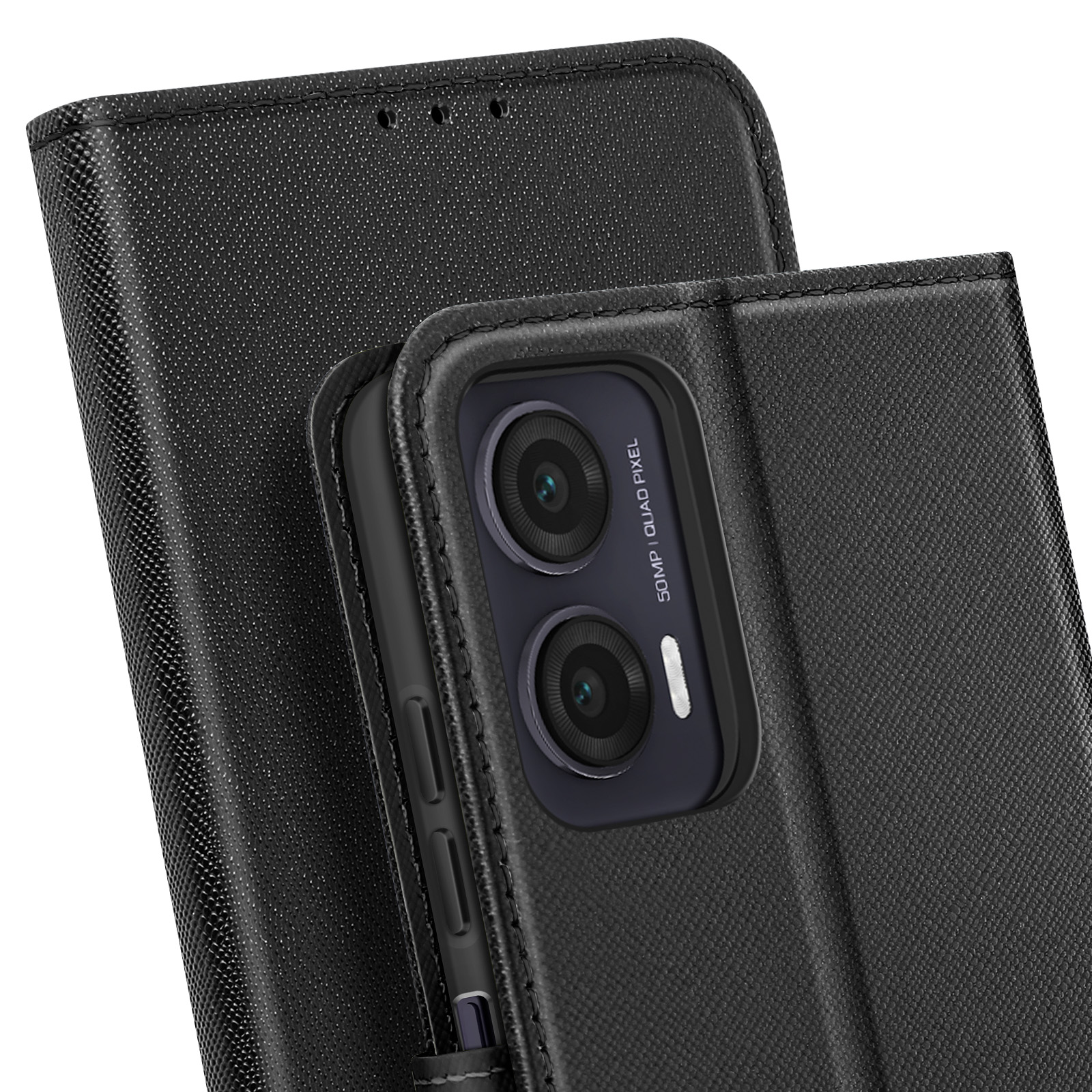 Custodia nera aperta con fotocamera. Mostra il retro del telefono con una fotocamera.