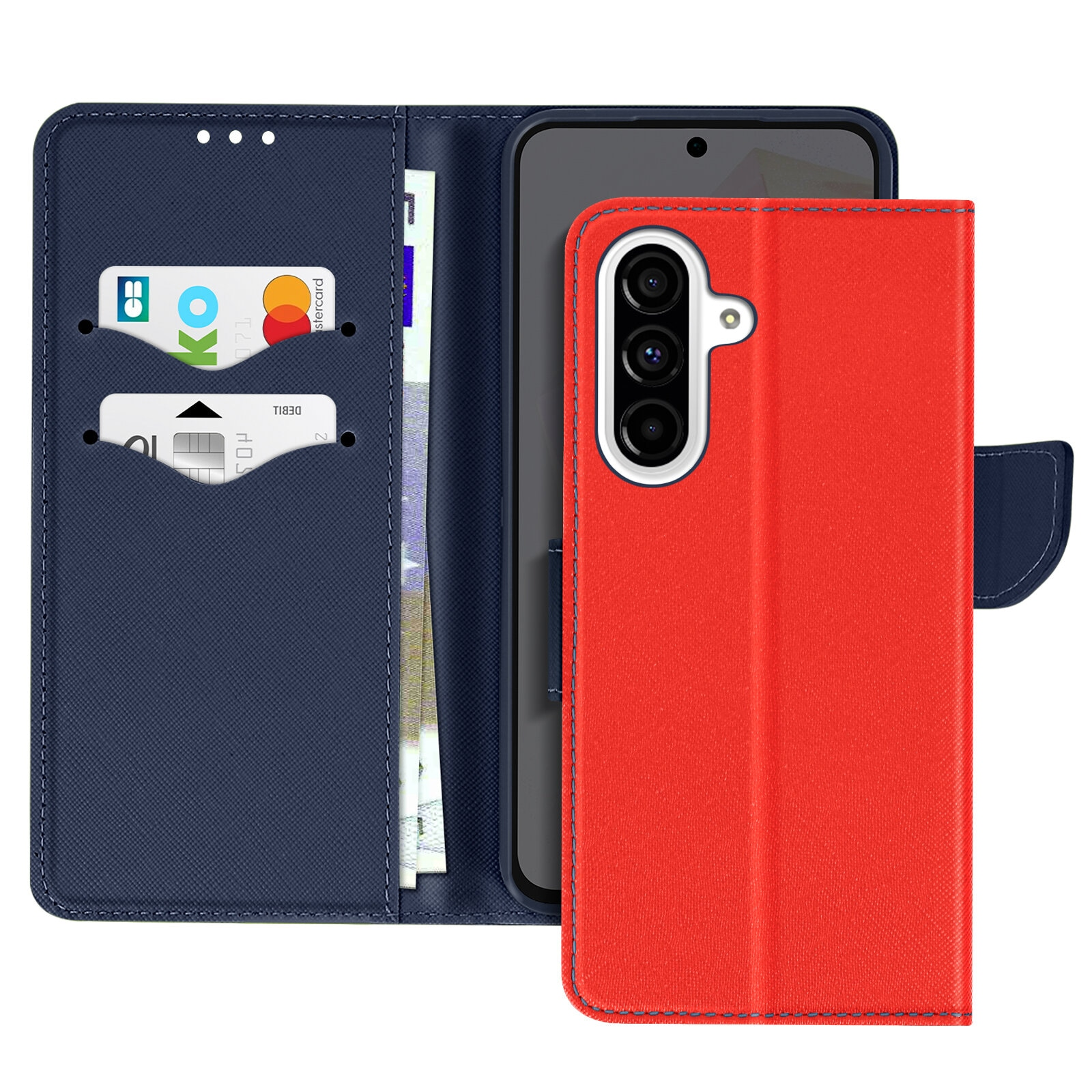 Una custodia per telefono con carte e contanti, telefono aperto e rosso, esterno blu navy.