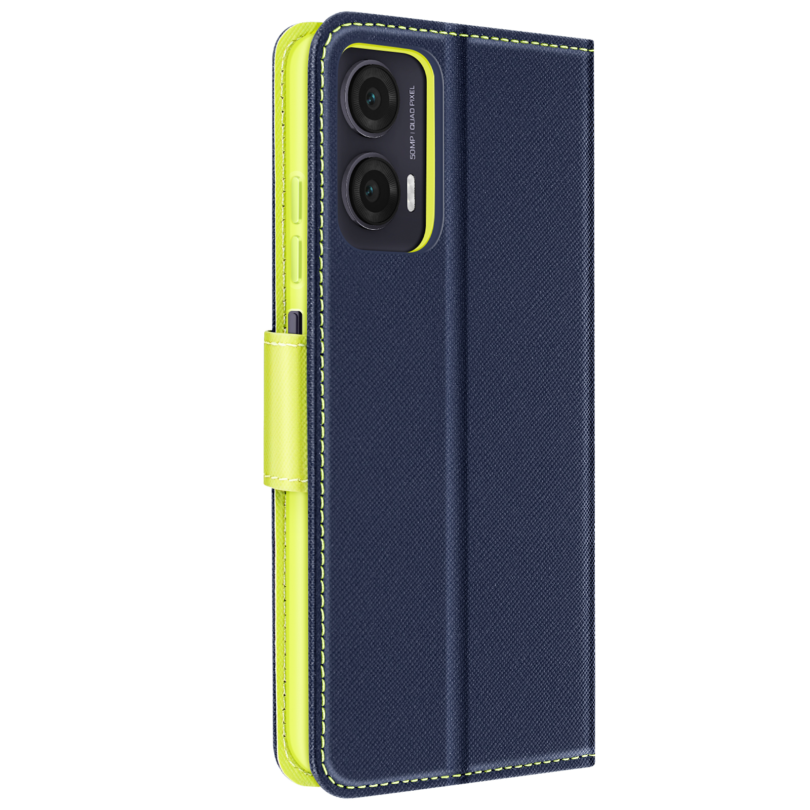 Custodia per telefono blu scuro con bordo giallo e fotocamera. È chiusa. Ha un cinturino giallo.