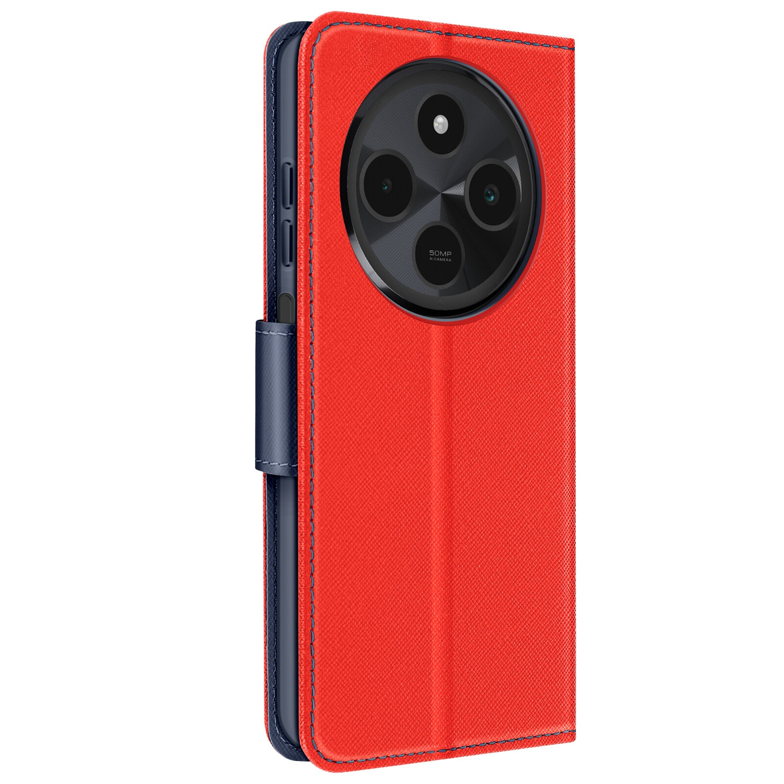 Custodia rossa con interno blu scuro. Fotocamera del telefono visibile.