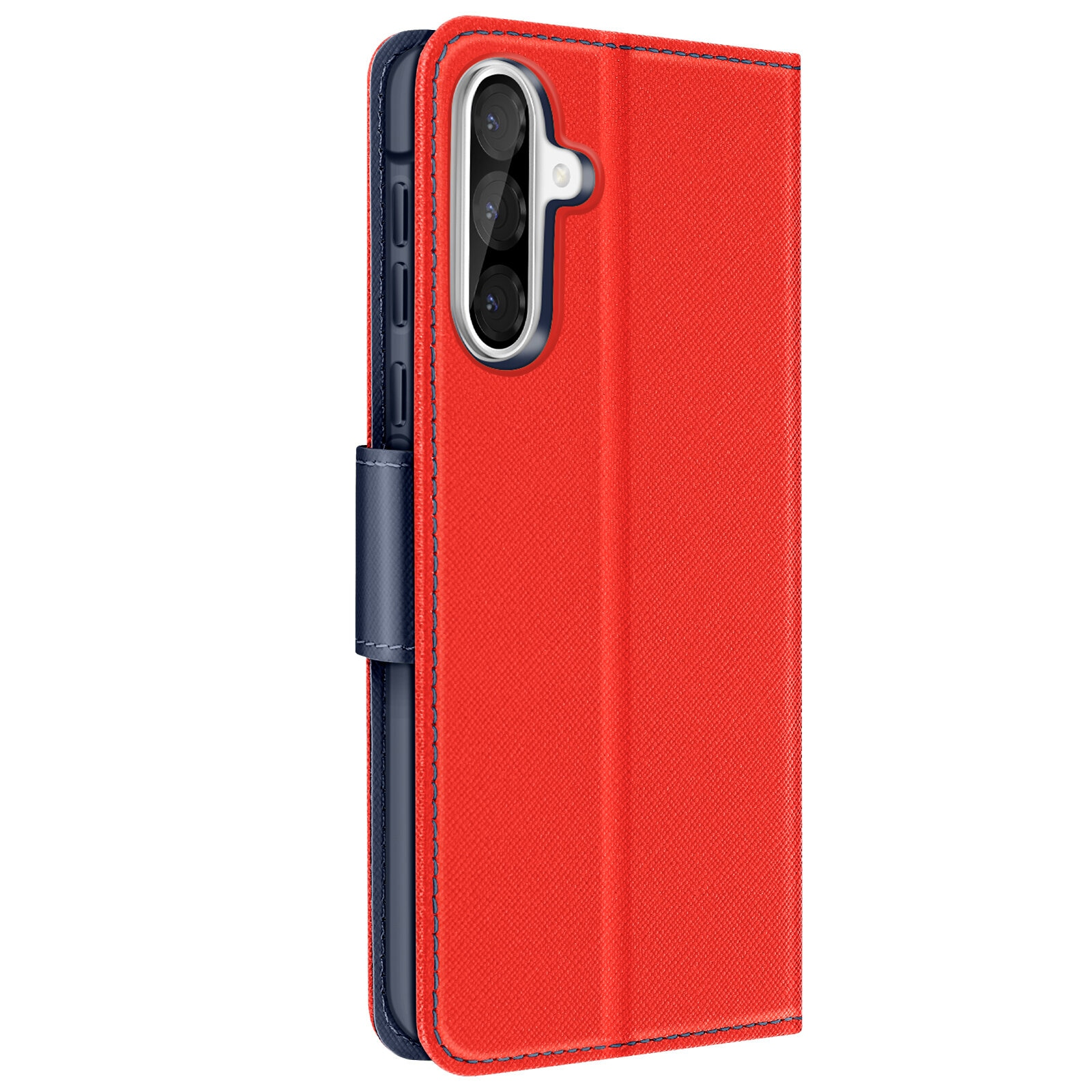 Custodia rossa per telefono con fodera interna blu. È chiusa, mostrando la parte anteriore e laterale.